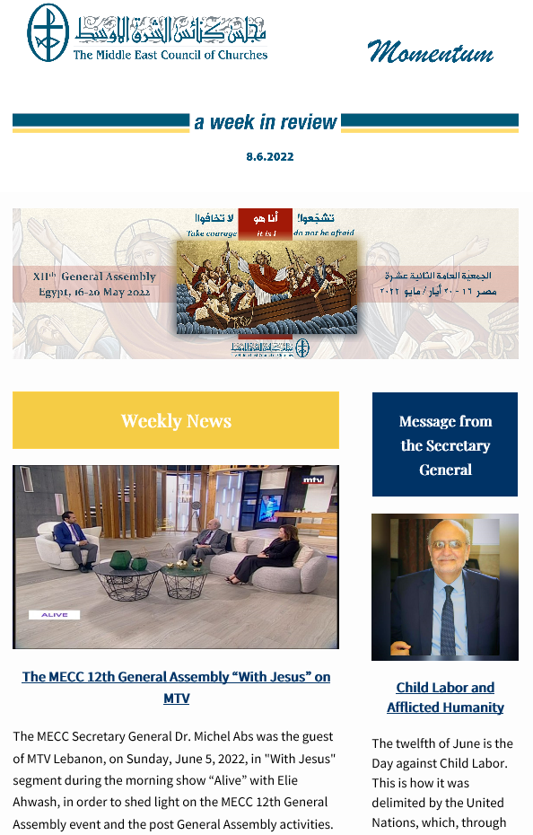 Momentum, the Weekly Newsletter from the Middle East Council of Churches