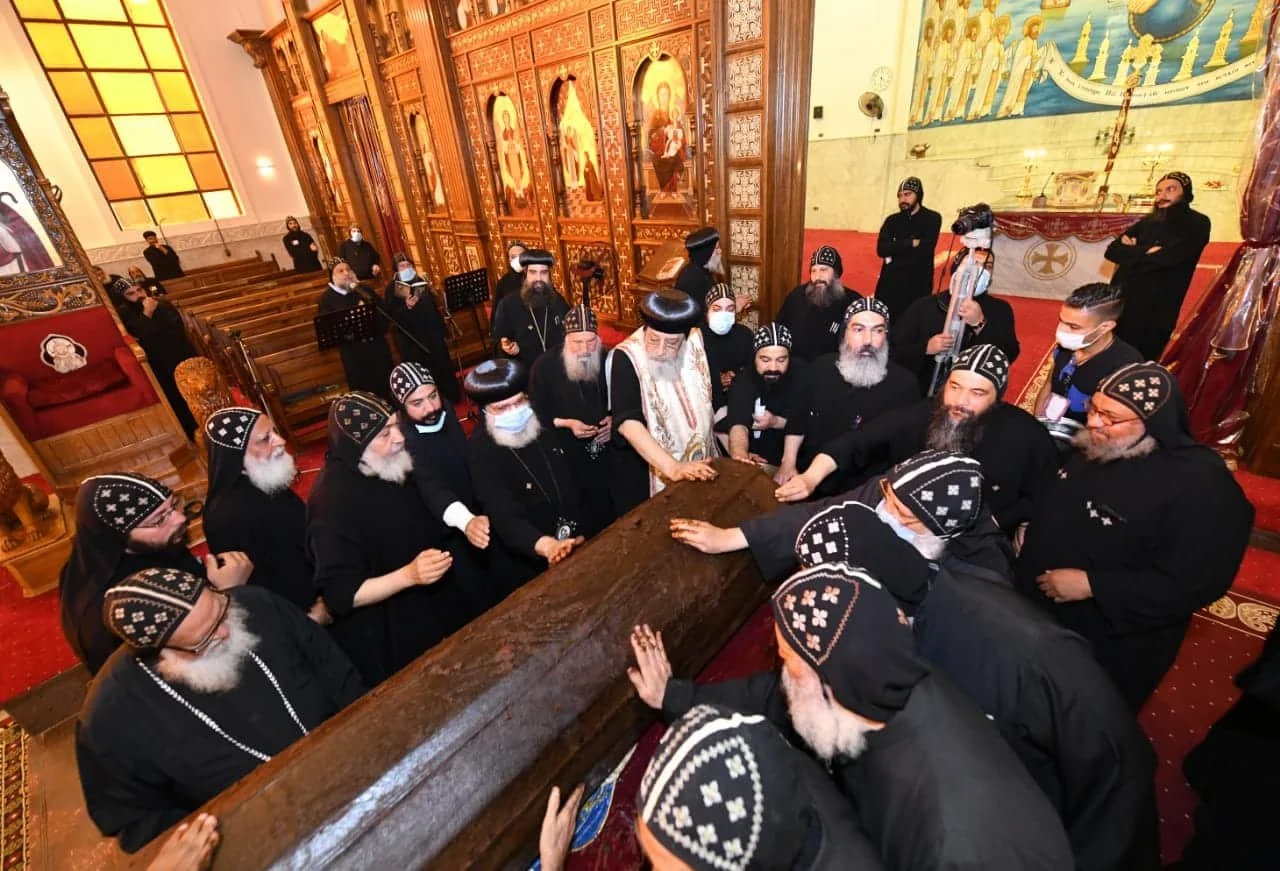 His Holiness Pope Tawadros II Beautifies the Relics of St. Bishoy at his Monastery in Wadi El-Natrun