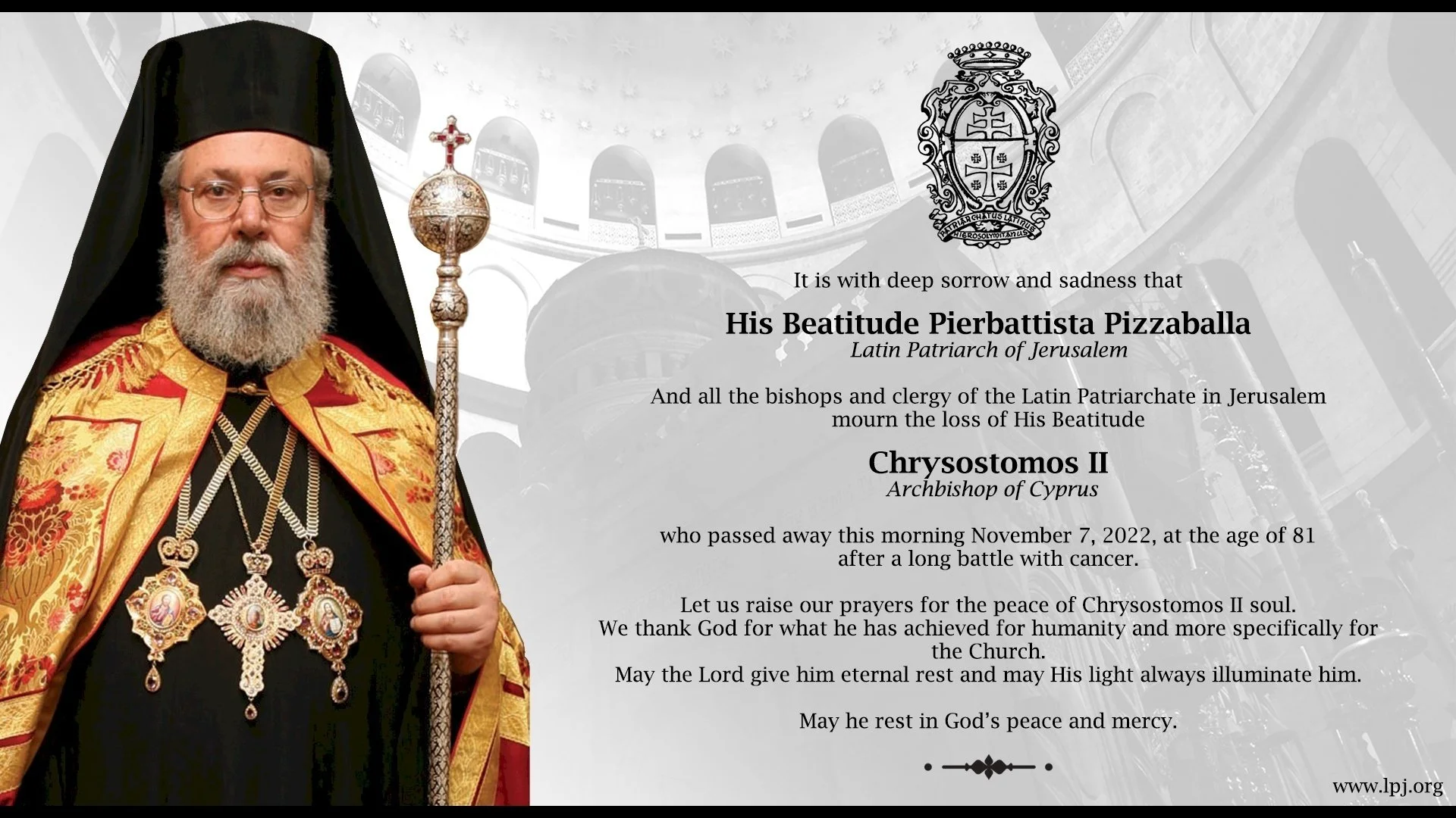 غبطة البطريرك بييرباتيستا بيتسابالا يتقدّم ببرقيّة تعزية بوفاة غبطة البطريرك خريسوستوموس الثاني