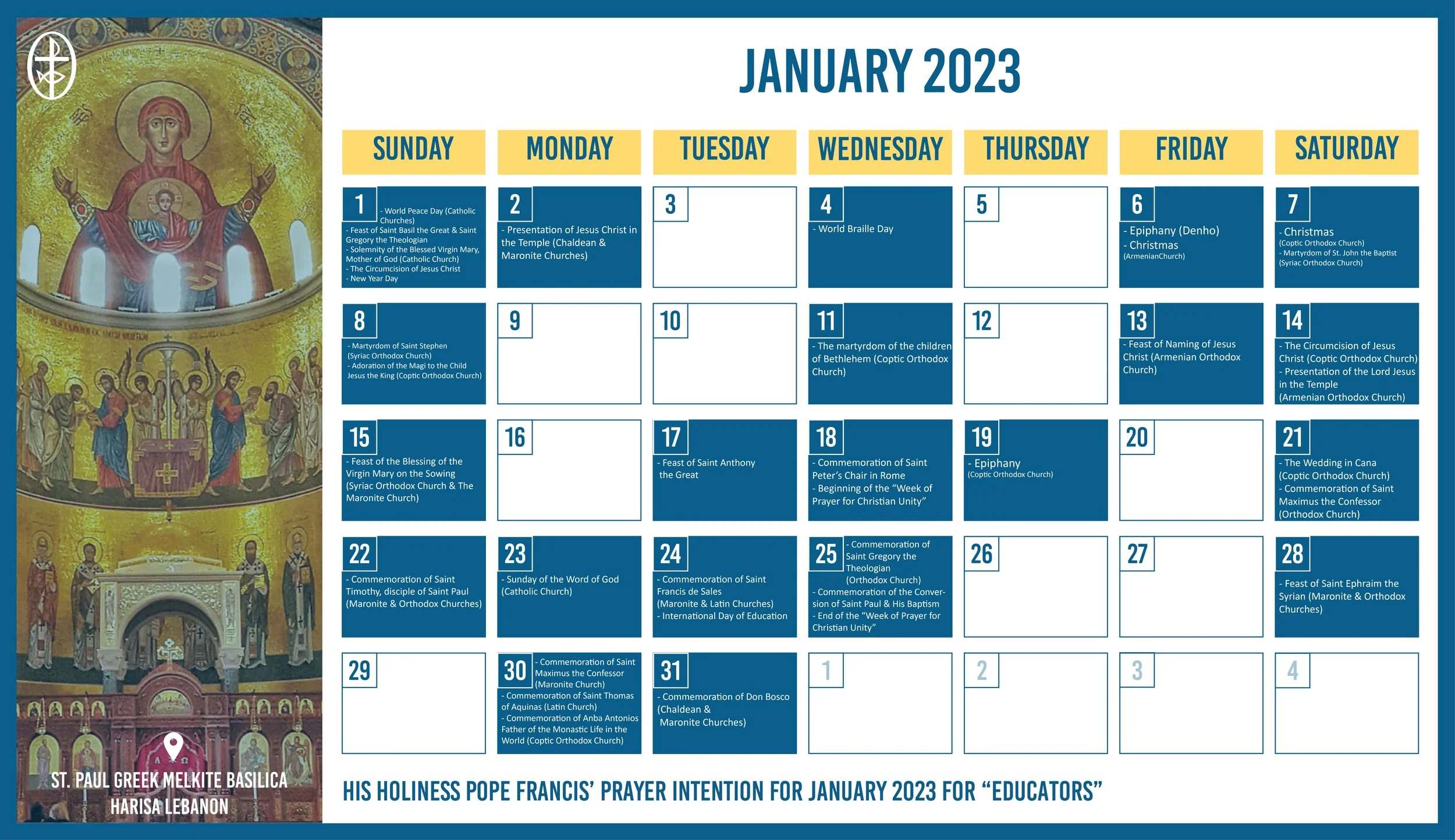 The Middle East Council of Churches Issues the Ecumenical Calendar for January 2023