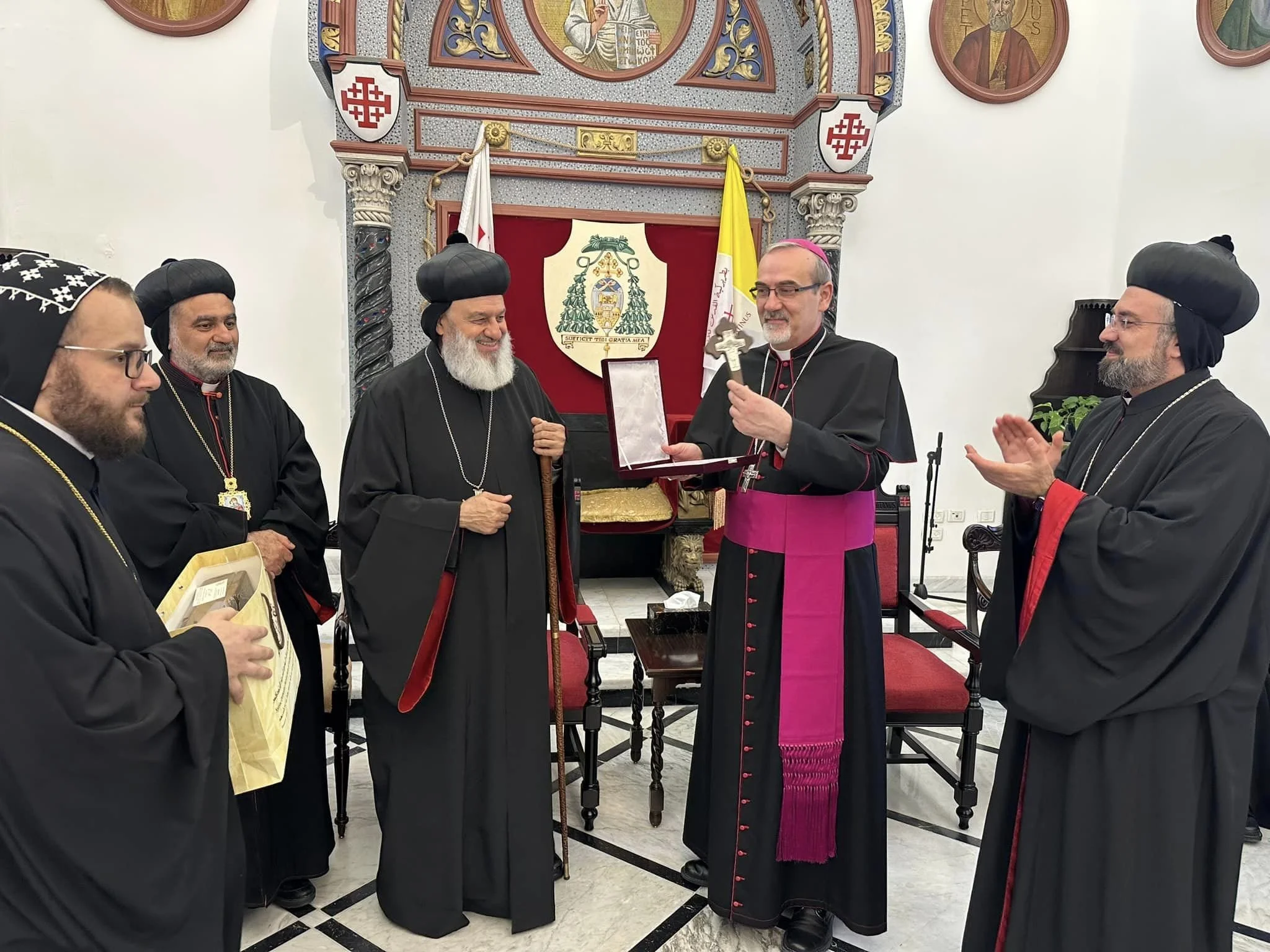 His Holiness Patriarch Mor Ignatius Aphrem II visits His Beatitude Pierbattista Pizzaballa at the Latin Patriarchate in Jerusalem