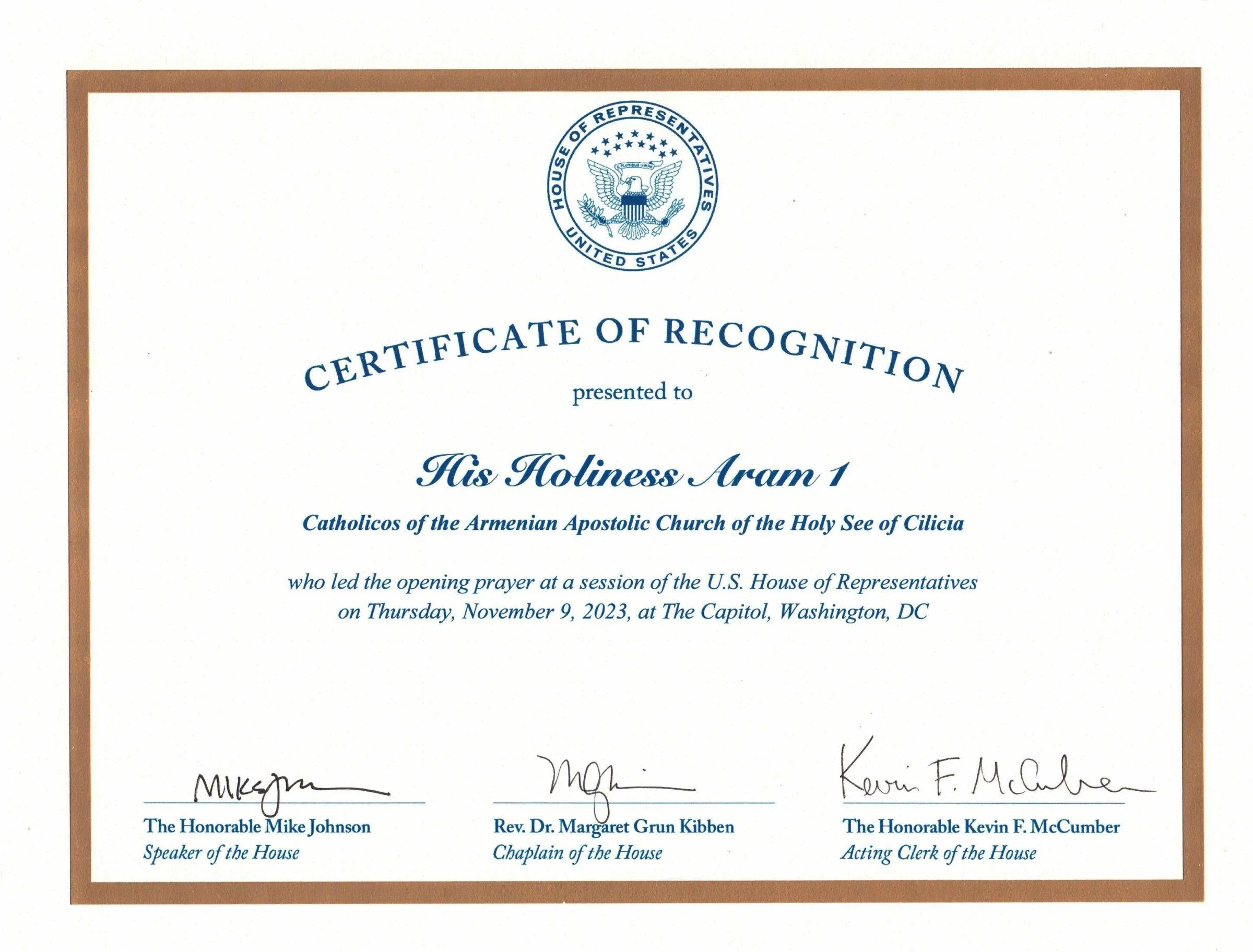 His Holiness Catholicos Aram Meets With the US Speaker of the House of Representatives 