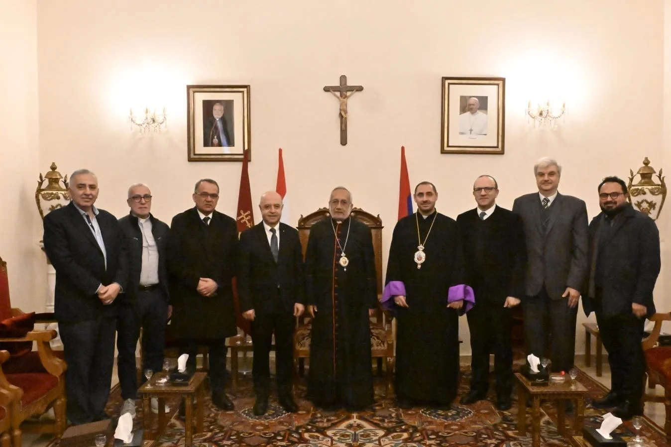 Reverend Dr. Paul Haidostian presents the special commemorative medal plaque of the centennial of the UAECNE to His Beatitude Patriarch Raphaël Bedros XXI 