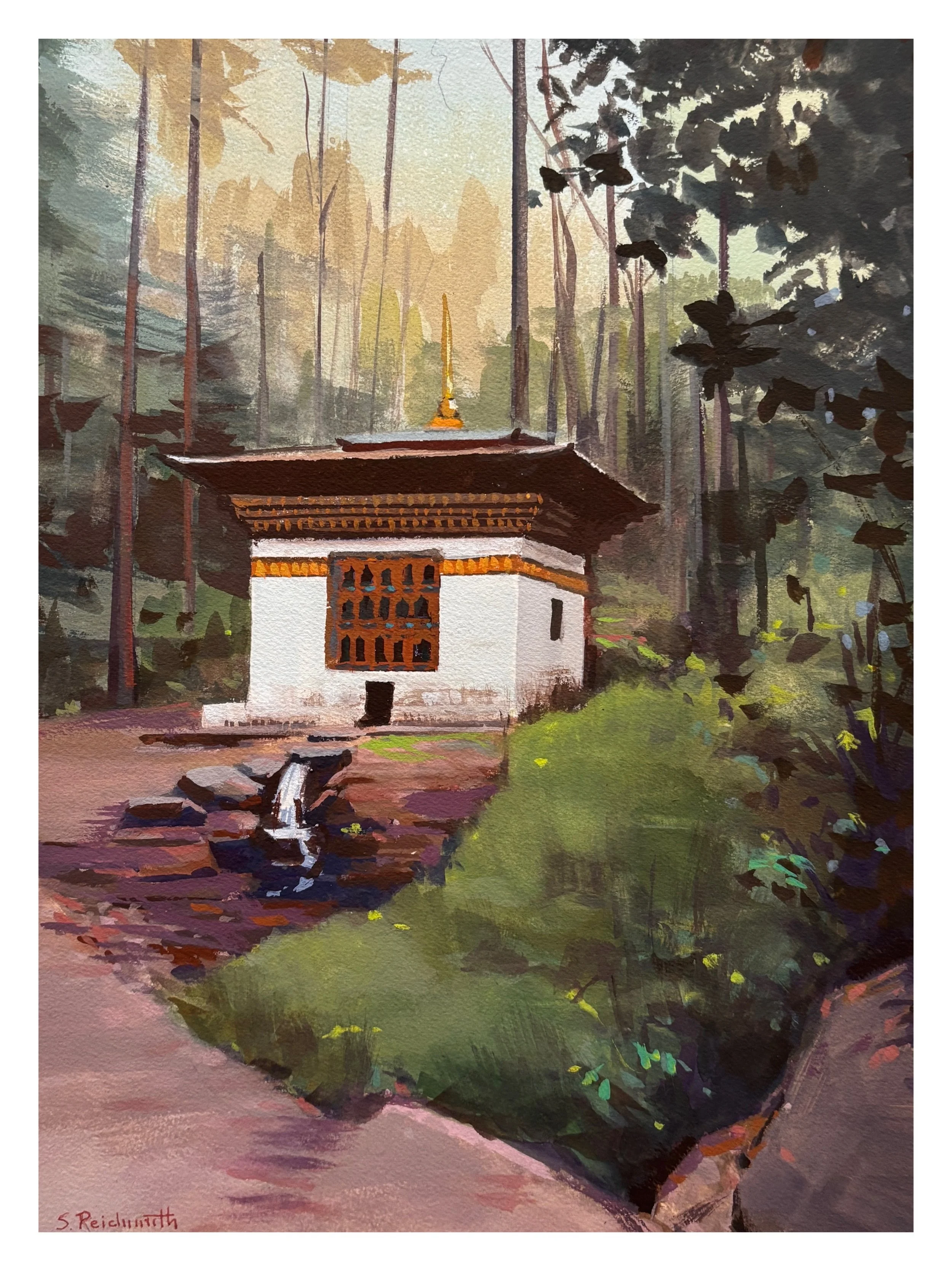"Sanctuary"
The Bhutanese consider nature a living, sacred partner in life.  “Mountains are the seats of gods and rivers the veins of the land” (Bhutanese saying).   This sanctuary houses the source of a sacred spring, itself alive with divine presen