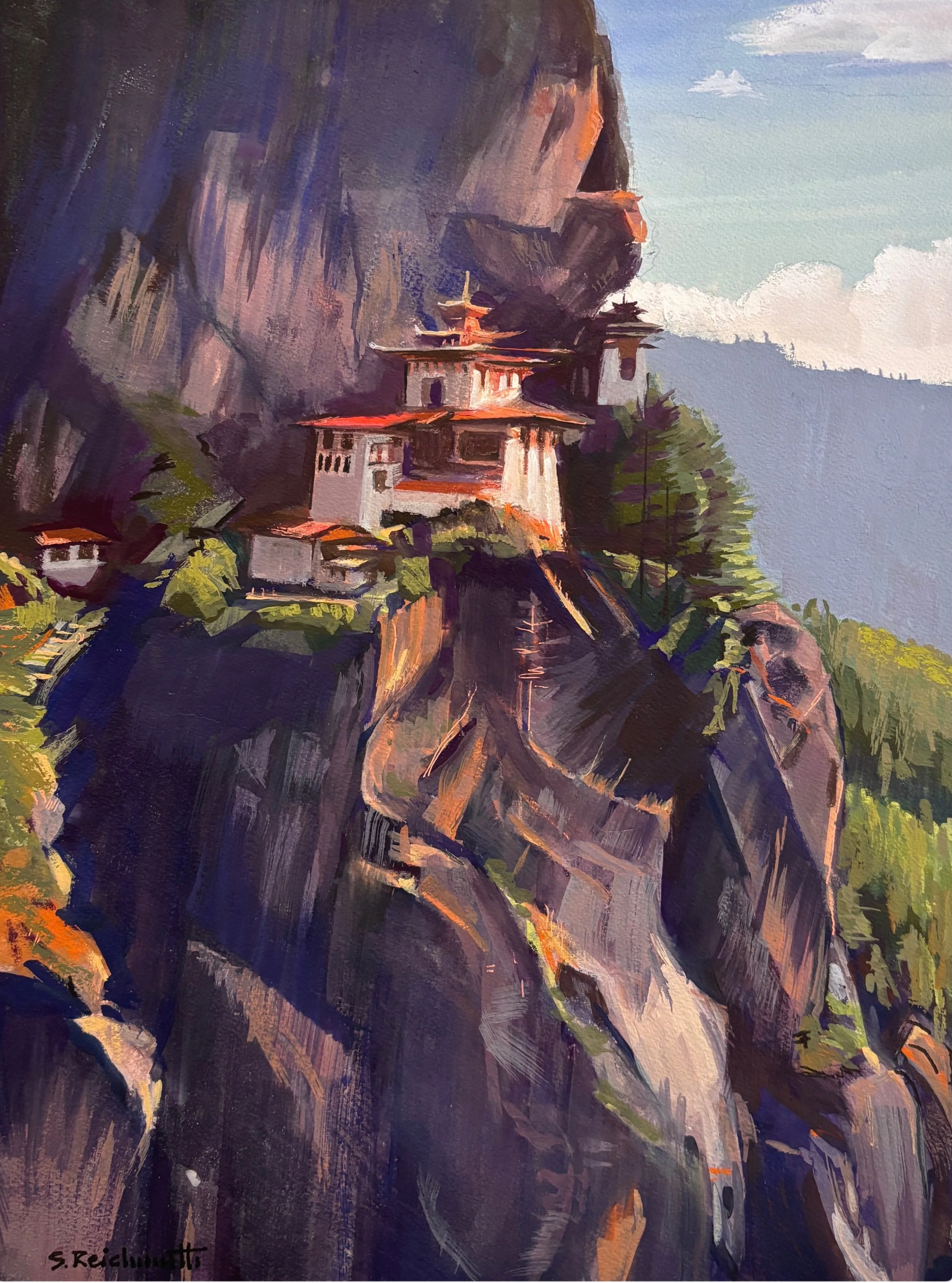 "Tigers Nest"
Tiger’s Nest Monastery (Taktsang Monastery) clings to a sheer cliff at 10,200 ft elevation.   Built in 1692, it is reached only by foot along a very steep narrow 4-mile trail, and all the materials for its construction were taken up thi
