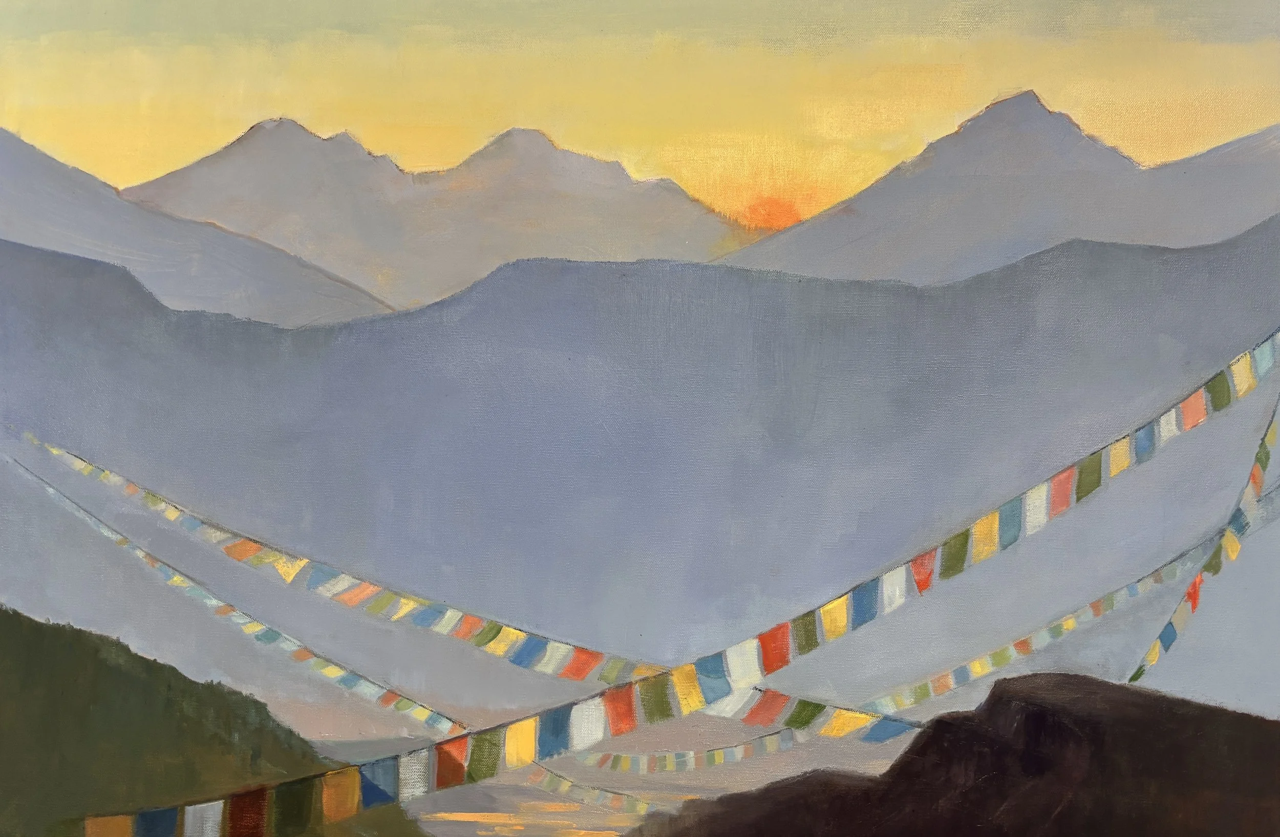 "Wind is the Messenger of Prayers"
Oil,  24 x 48
Chele La Pass (13,084 ft) is the highest motorable pass in Bhutan with sweeping views of the Himalayas and is covered with prayer flags.  Mountain passes are believed to be places where earth and sky m