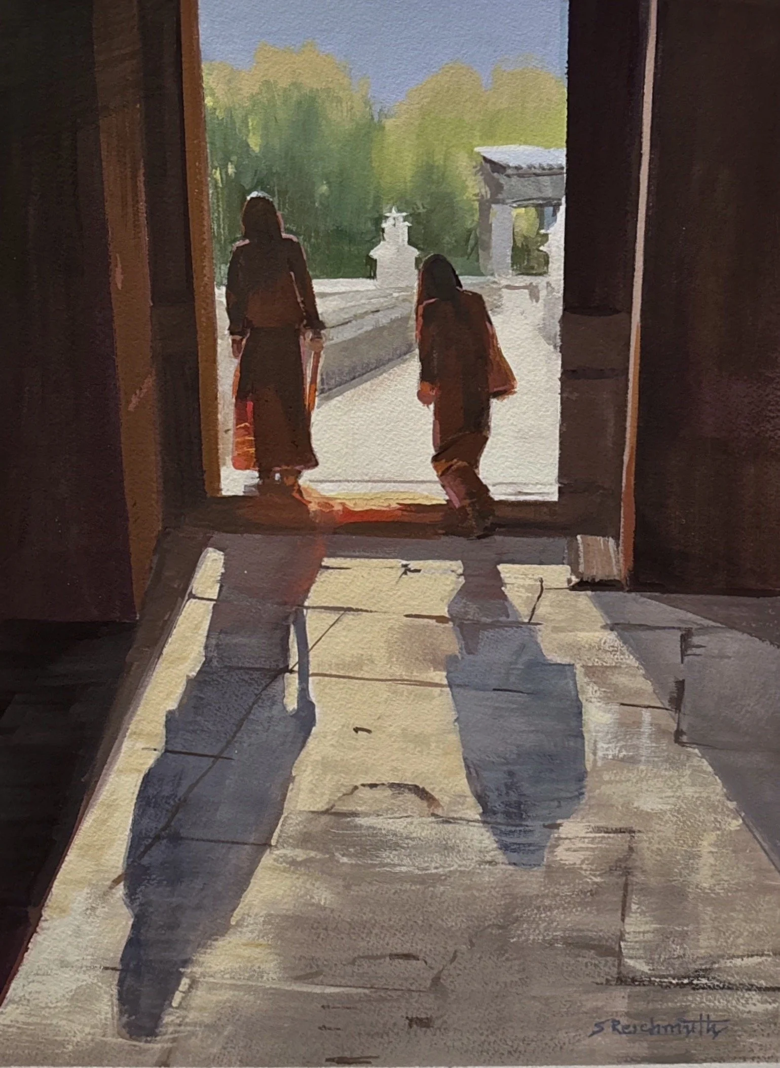"Threshold"
A boundary between realms, the threshold is often painted red as a reminder to be mindful as one steps from worldly distractions into a sacred space, and to ward off negative influences at the entry.    Bhutanese still proudly wear tradit