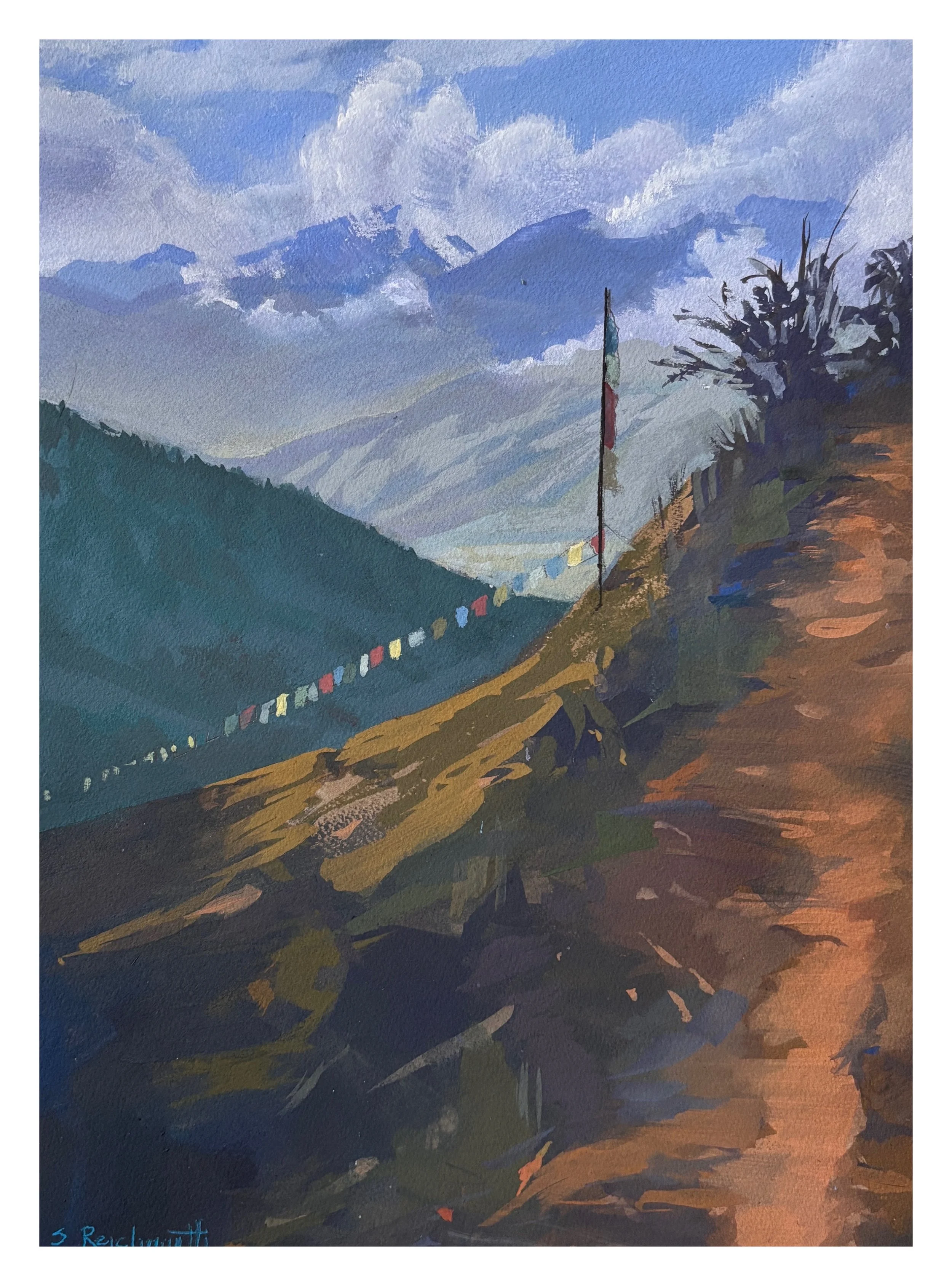 "The Path"
Tall, vertical prayer flags (called Lungta) are often seen in great forests of tall poles.  They are commonly raised in memory of someone who has died – to help carry prayers upward for the deceased’s journey and merit.
