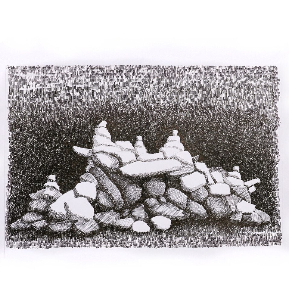 meditation has no boundaries -
with pen in hand I went back to basics
and began drawing again
mindful only of ink on paper and 
the thought of Zen Gardens
I found myself drawing stones 
from my imagination
  an exercise in calming the mind
crosshatch