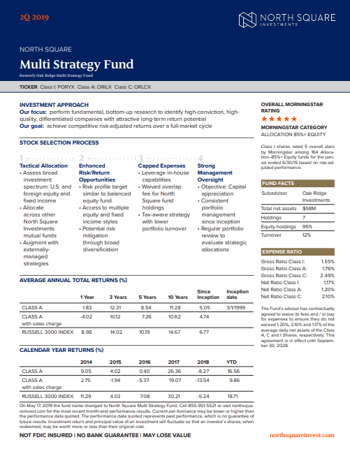 Financial report for North Square Multi Strategy Fund, 2Q 2019, including fund details, investment approach, stock selection, rankings, annual returns, calendar year returns, and expense ratio.