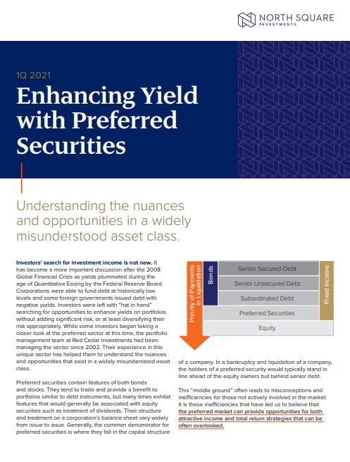 Book cover titled 'Enhancing Yield with Preferred Securities,' published by North Square Investments, 1Q 2021, with a subtitle about understanding nuances in a misunderstood asset class and a section about preferred securities features.