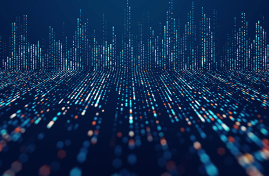 Digital data visualization with blue and orange glowing lines and dots on a dark background.
