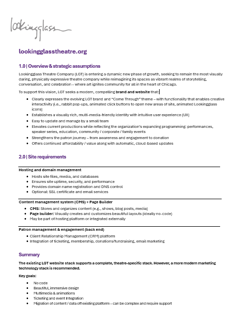 Screenshot of a website page for Looking Glass Theatre in Chicago, with sections describing the company's overview, site requirements, content management, patron management, and a summary.