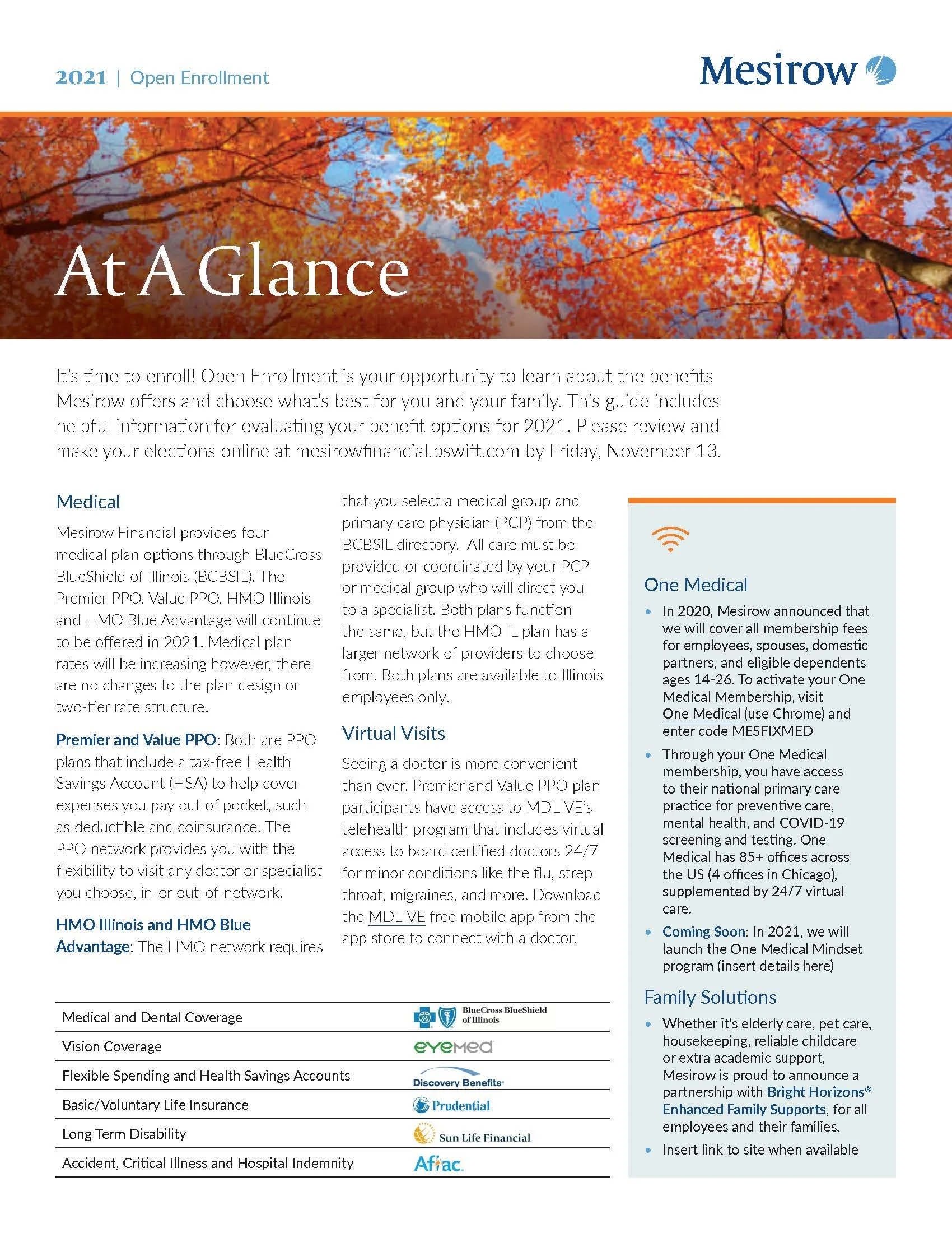 Mesirow 2021 open enrollment flyer with autumn leaves header and sections about medical plans, virtual visits, and family solutions
