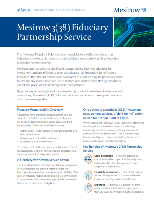 A corporate document titled 'Mesirow 3(38) Fiduciary Partnership Service' from 4Q2019. It explains Mesirow Fiduciary Solutions, their investment management options, fiduciary responsibilities, and the benefits of their 3(38) partnership service, incl