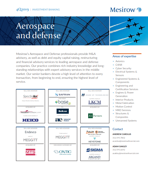 Page from Mesirow investment banking brochure focusing on aerospace and defense, featuring logos of various companies and an image of jet aircrafts.