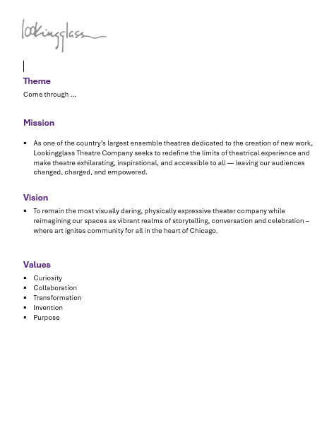 Document outlining Lookingglass Theatre Company's theme, mission, vision, and values, emphasizing creativity, storytelling, and community engagement.