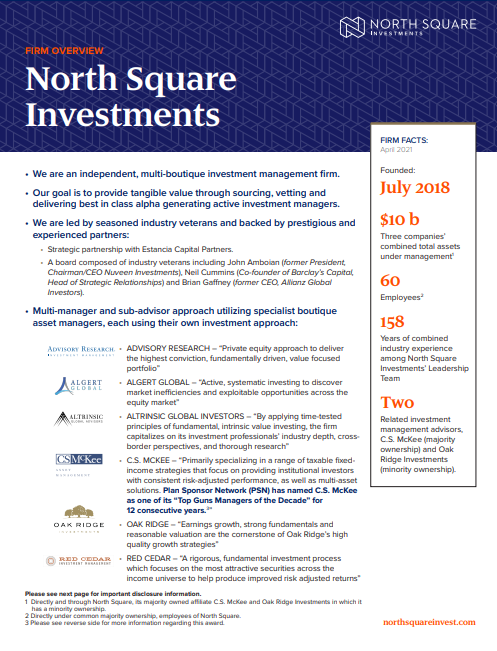North Square Investments firm overview infographic with key facts: founded in July 2018, $10 billion assets under management, 60 employees, 158 years of combined experience, and two investment teams, including North Square Investments Leadership Team