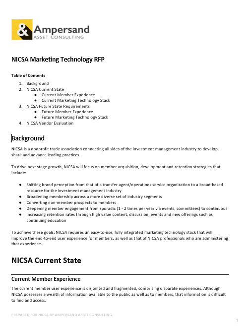 Document titled 'NICSA Marketing Technology RFP' with the Ampersand Asset Consulting logo at the top, containing sections on background, NICSA current state, and member experience.