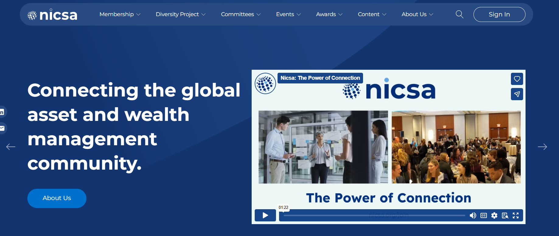 Screenshot of the NICSA website homepage featuring the NICSA logo, navigation menu, a video titled "The Power of Connection" with a thumbnail of people in business settings, and a background with the tagline "Connecting the global asset and wealth management community".