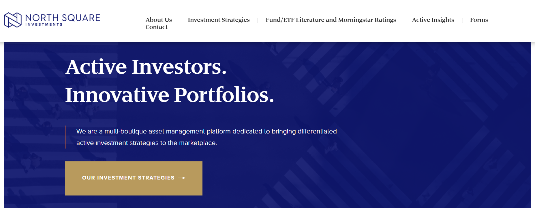 Screenshot of North Square Investments website homepage featuring a blue background with white text, a navigation menu at the top, and a call-to-action button labeled 'Our Investment Strategies'.