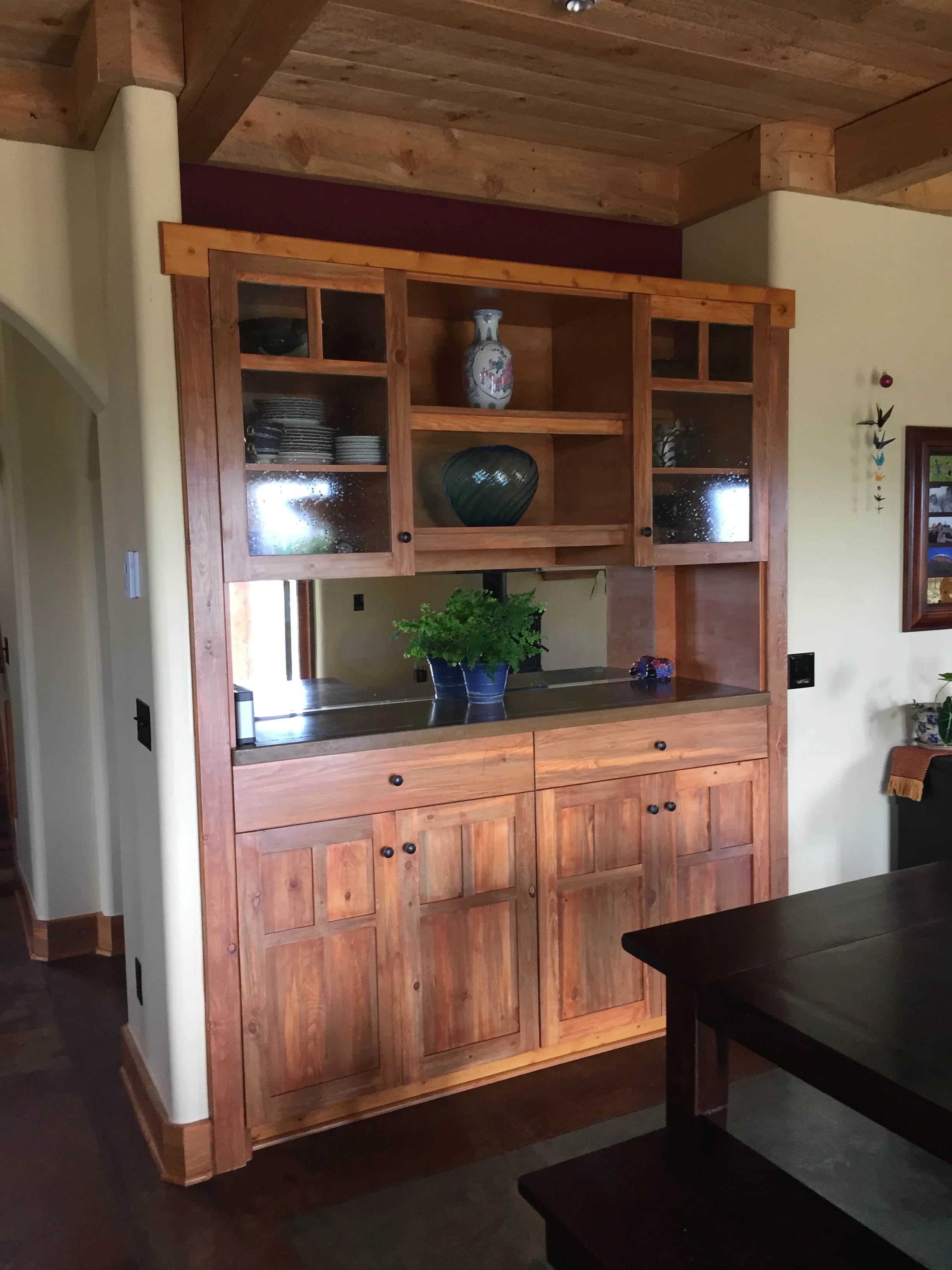 custom, blue-stain pine built in with concrete counter