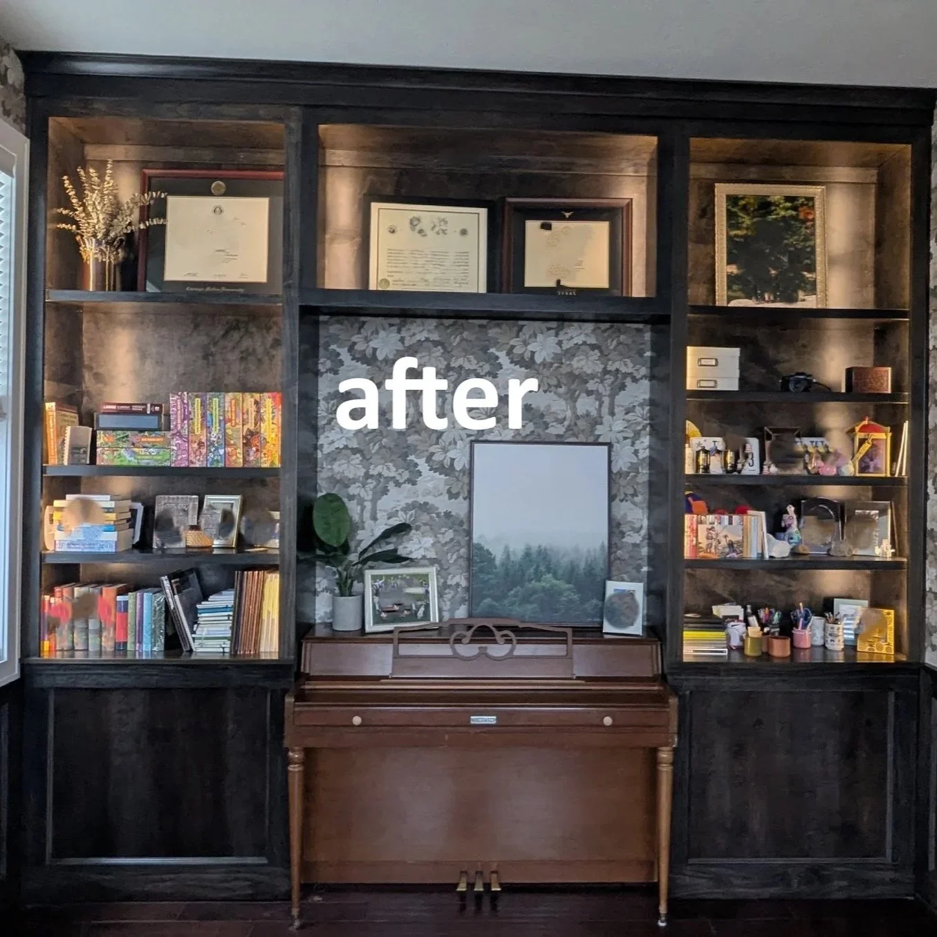 before and after image of a custom built in shelf installation