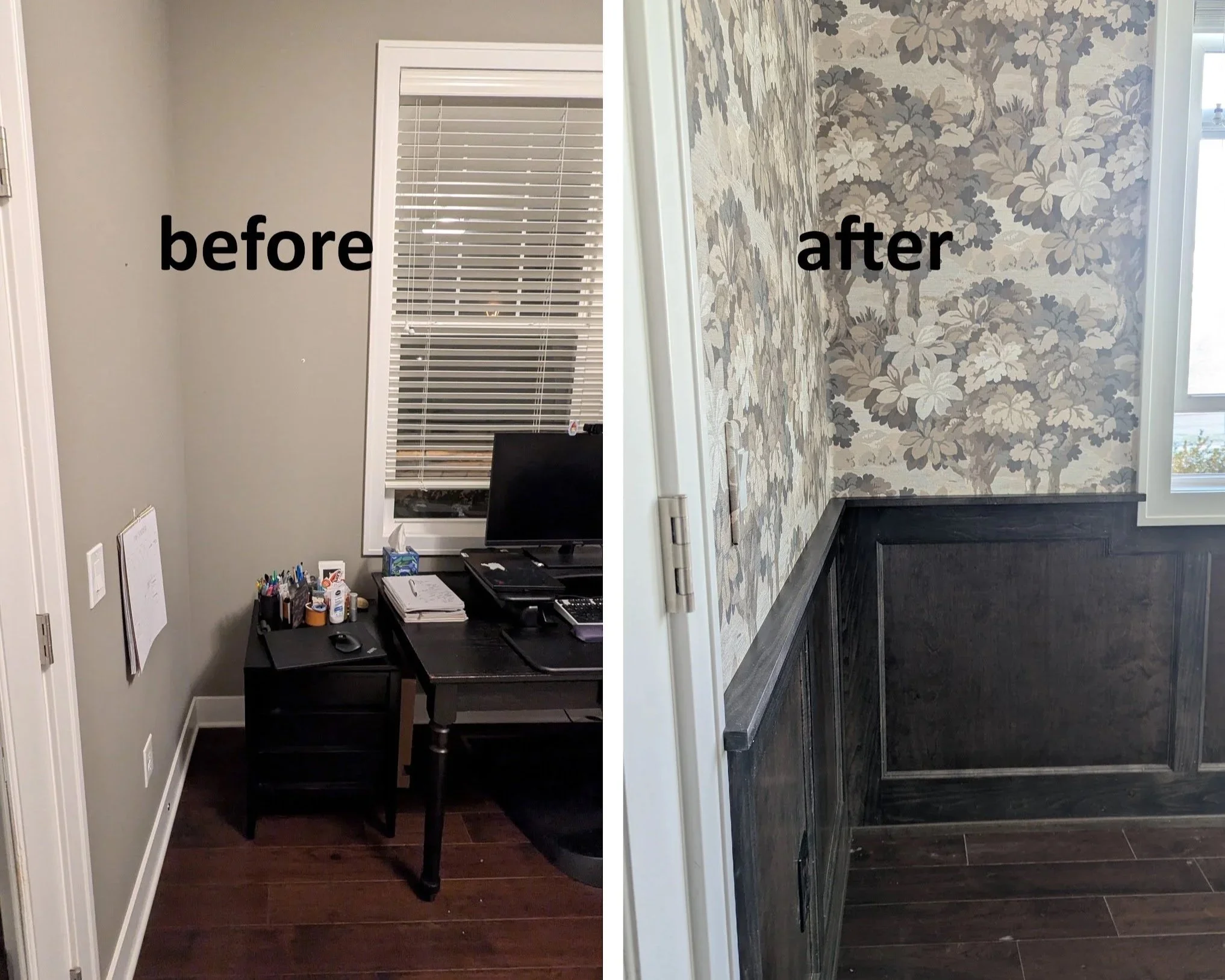 Before and after imags of office transformed by wainscotting and wallpaper 