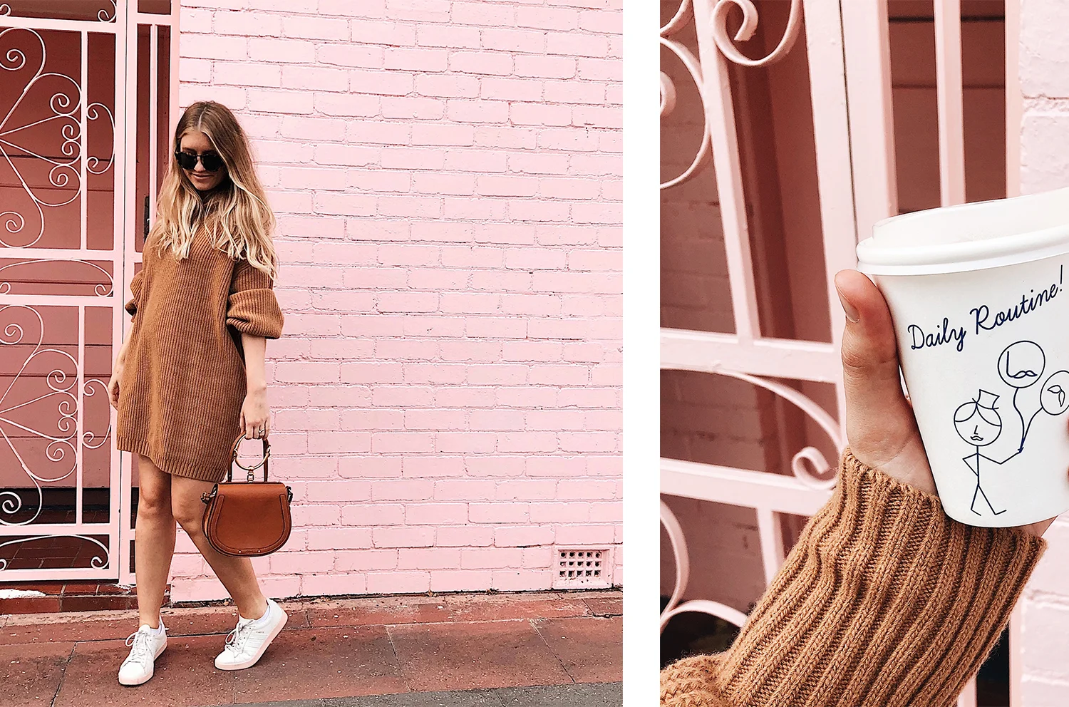 wearing: H&M knit dress, Chloe ‘Nile’ Handbag, Karen Walker ‘Harvest’ Sunglasses, Adidas Campus sneakers