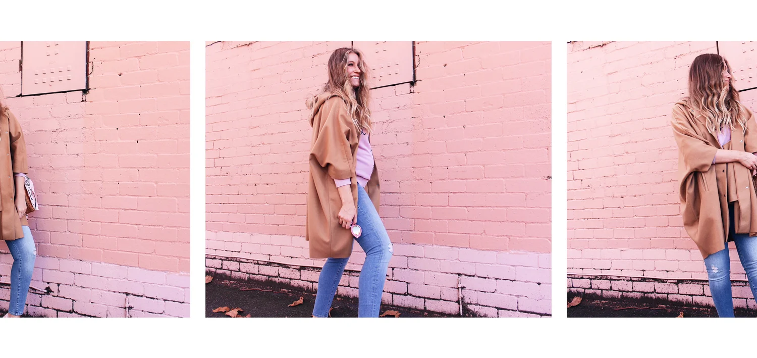 wearing: COS oversized coat, Mavi Reina Ankle Maternity jeans, Love Stories Jumper, Karen Walker ‘Lunar Flowerpatch’ Sunglasses, Lacoste sneakers