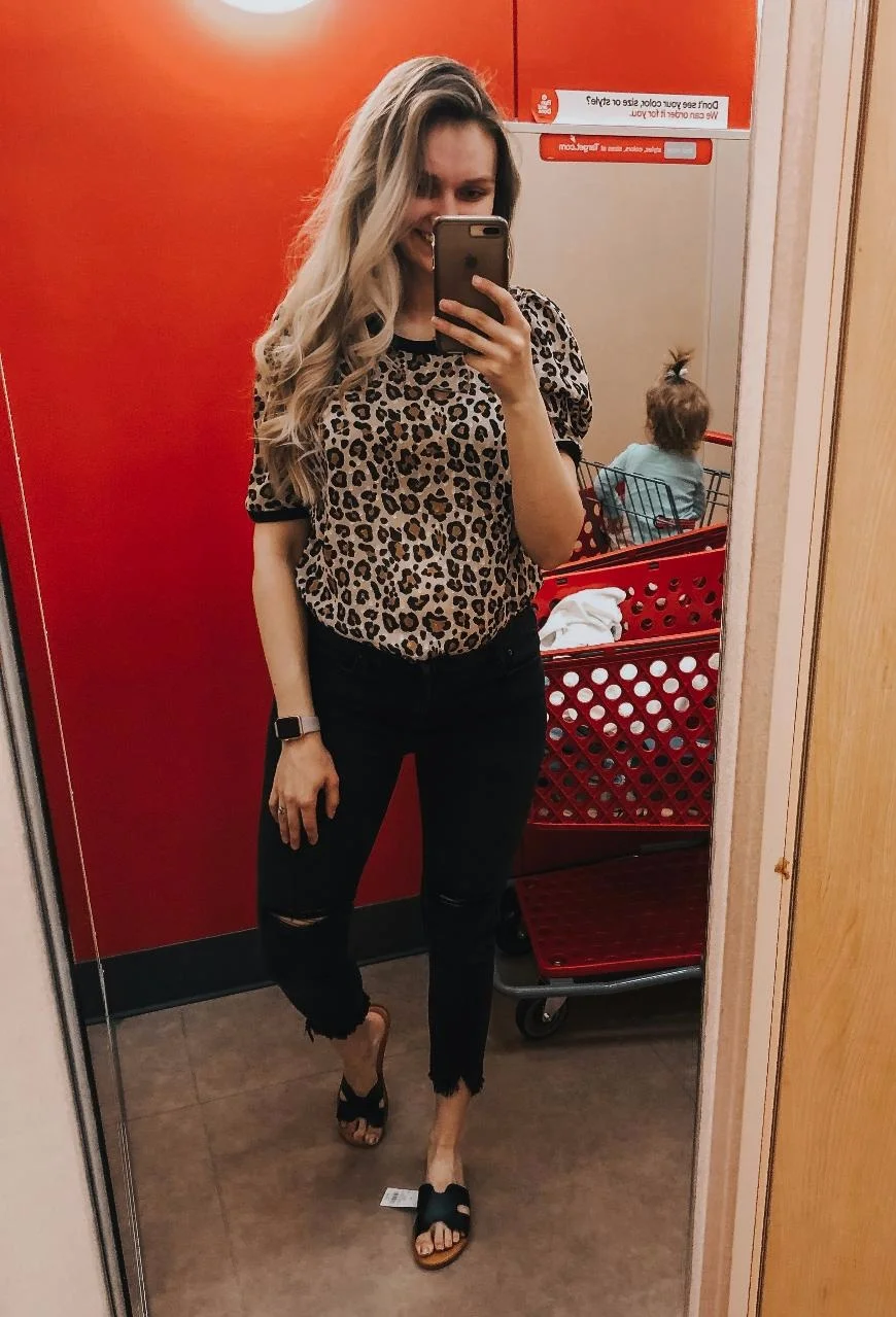 Leopard Top- TTS, wearing medium. Black Denim- I can’t judge on sizing for these due to the bump. Black Sandals- TTS