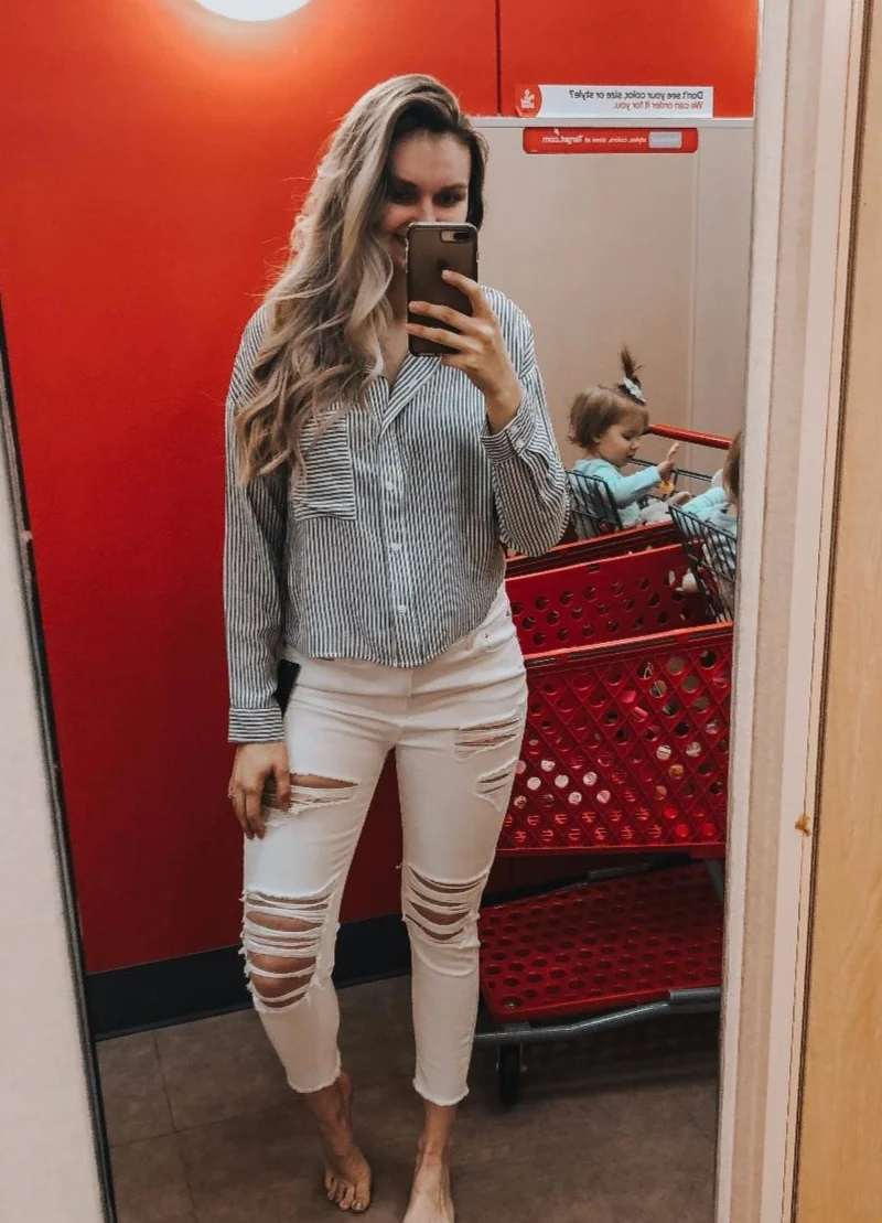 Blue/White Top- TTS, wearing medium. White Distressed Denim- I can’t judge on sizing for these due to the bump.
