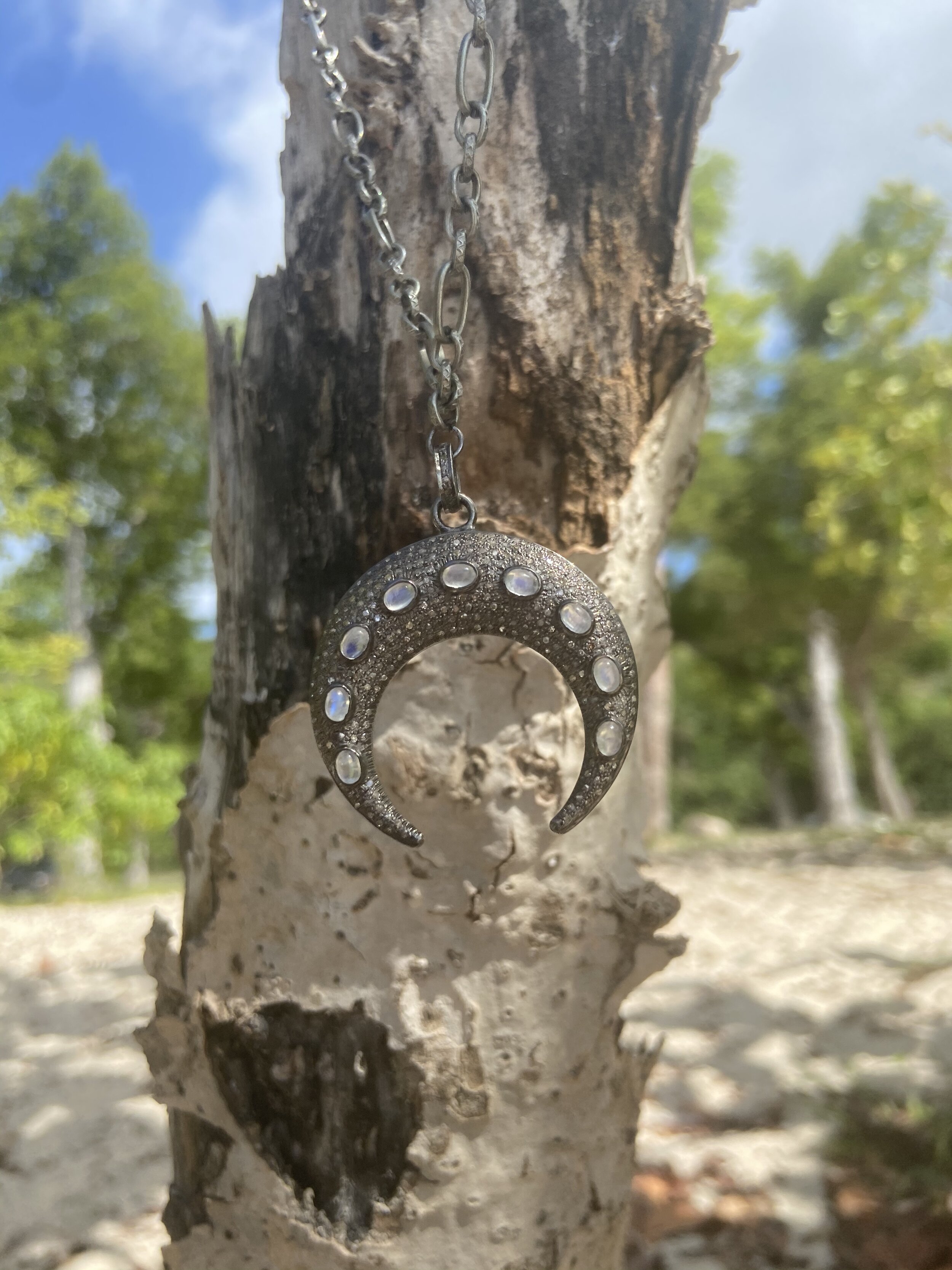 Moonstone/Pavé Diamond Pendant &amp; Antique Silver Chain