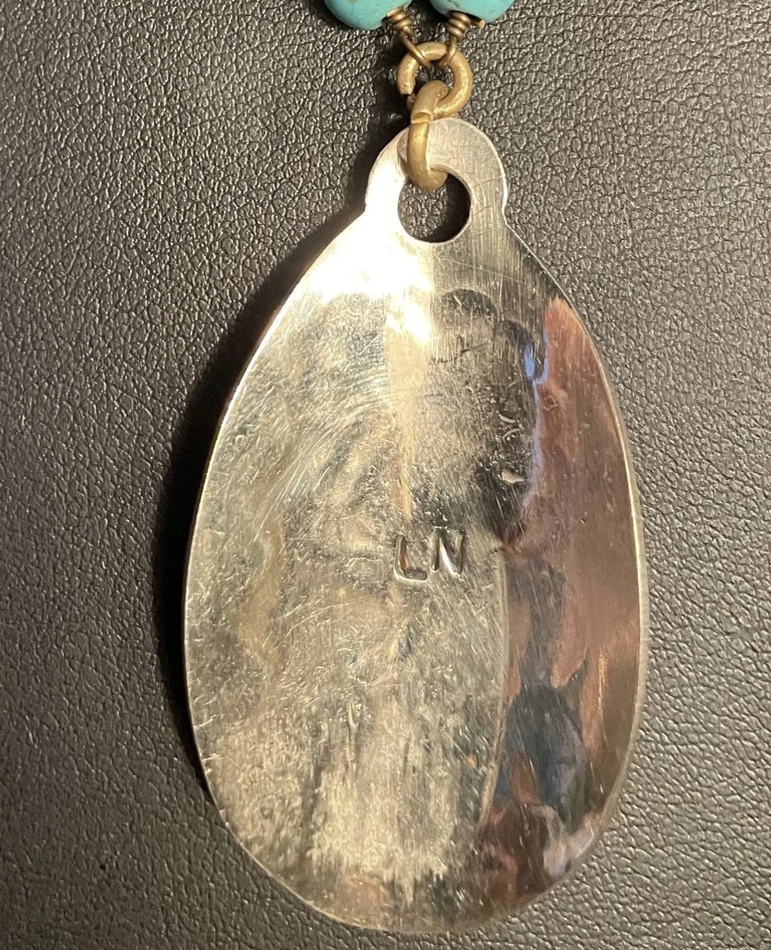 Turquoise Beaded Necklace w/ Navajo Kokopelli Silver & Brass Pendant