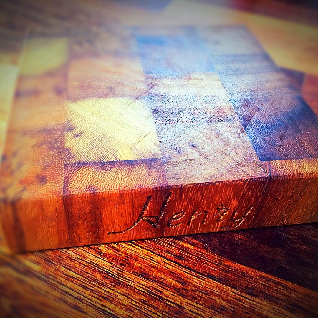 Henry’s parents, requested a custom made small end grain chopping board, handmade and engraved for his toy kitchen. This will last him a lifetime and he’ll be able to pass it on to his own children in years to come.