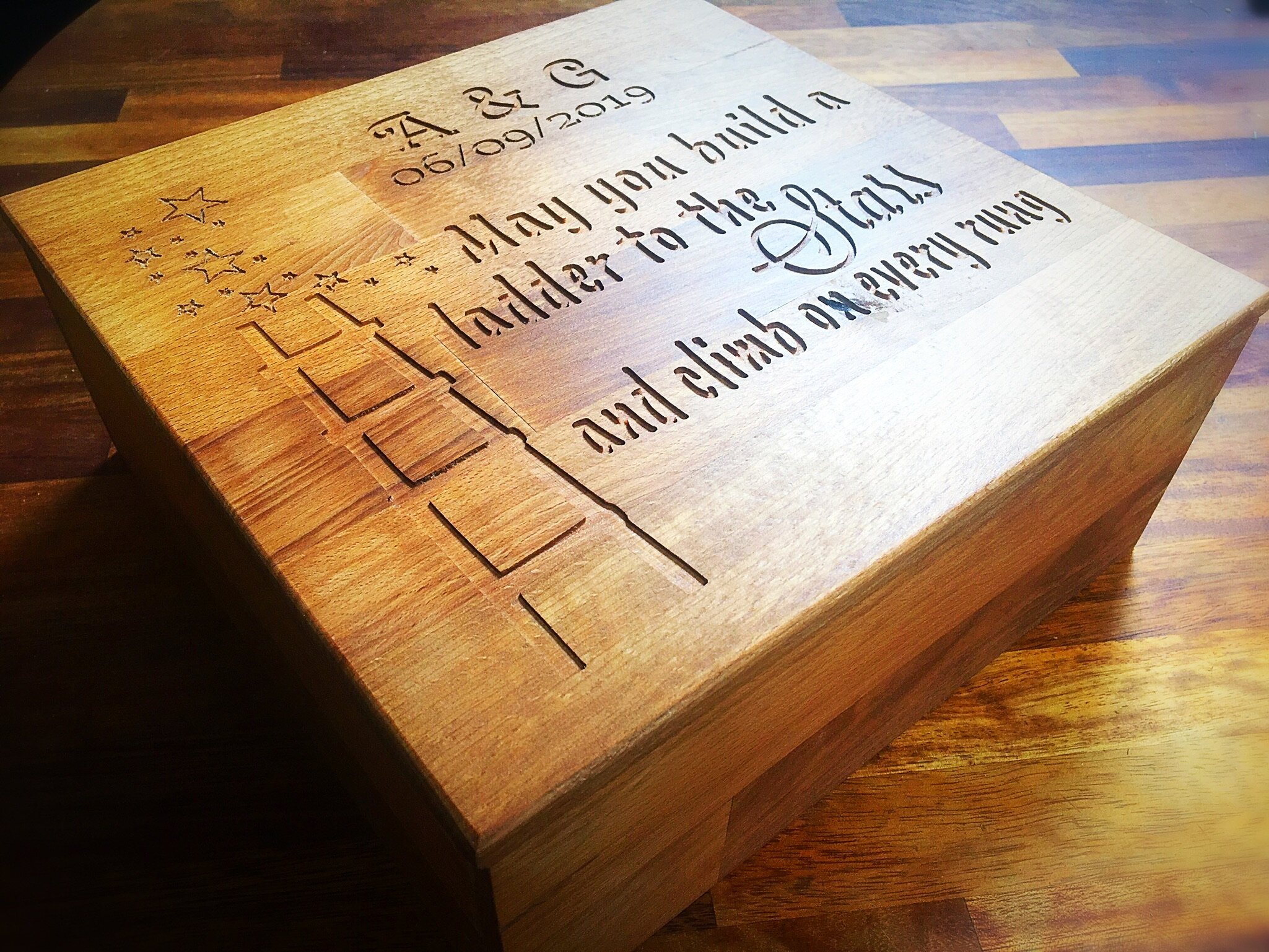 This stunning solid walnut personalised memory box, was commissioned from a lady who wanted to buy a special wedding gift for her friends, to give them a beautiful treasure to keep their wedding day memories safe for a lifetime. This something that they can pass down from generation to generation.  You can find our memory boxes  here , or  contact us  to design you something special!