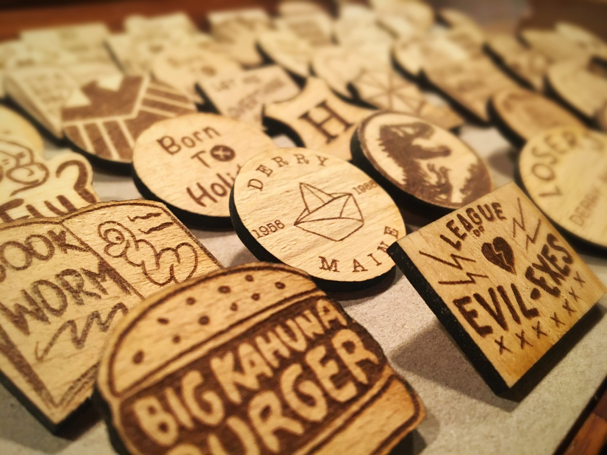 Solid Beech Pin Badges - Any Design. Logo or Text Available
