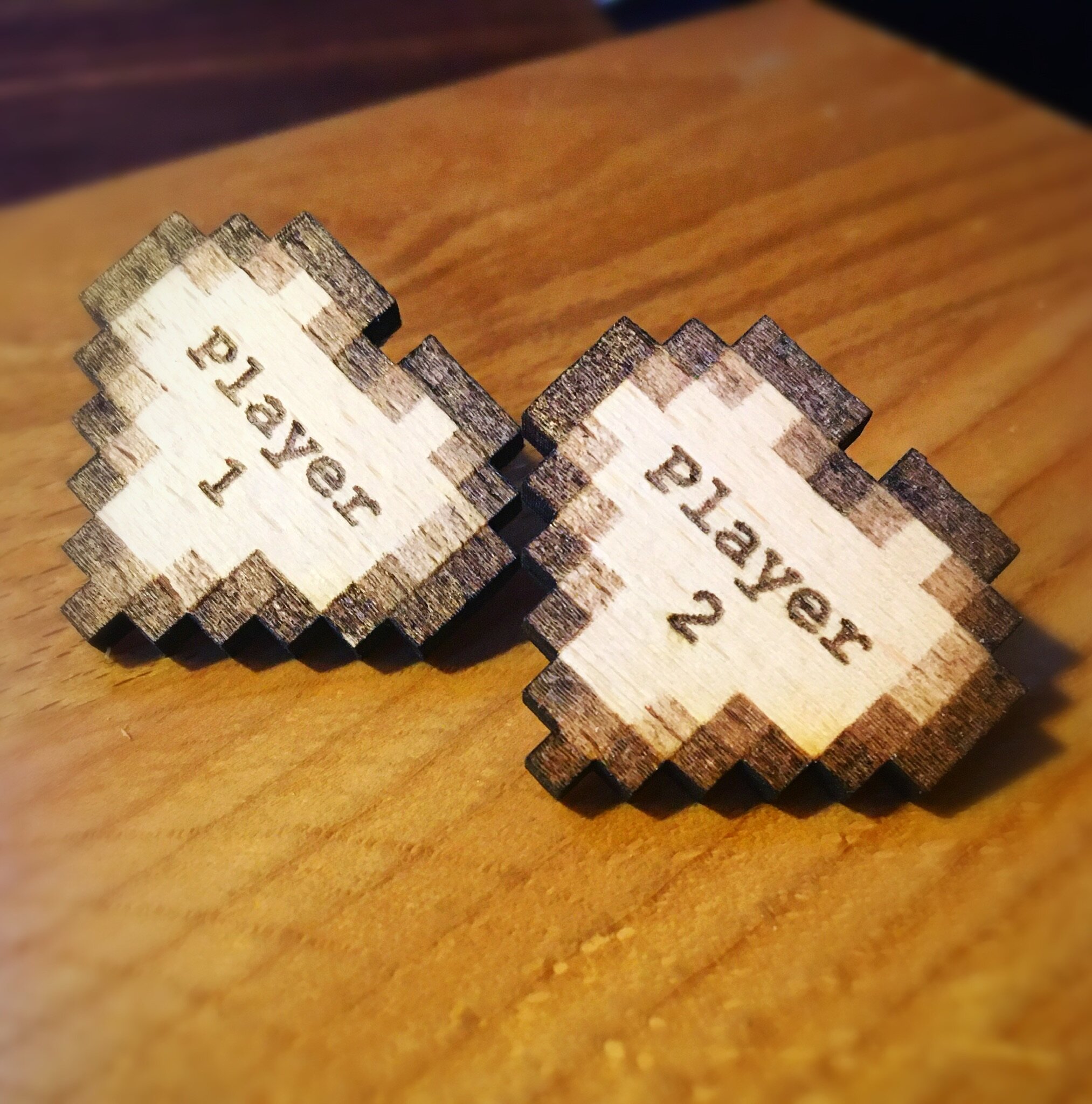 Player 1 and Player 2 solid wood Harty’s pin badges 