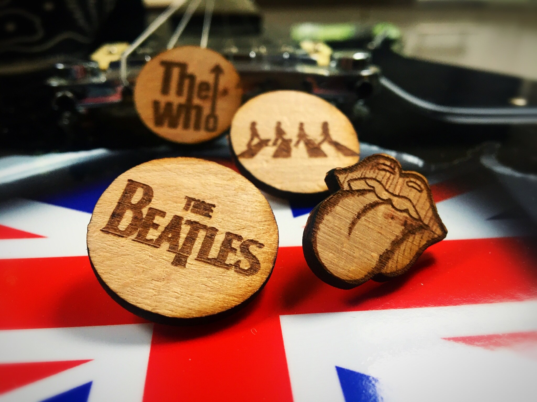 Harty’s wood pin badges. unique gift. Music badges. 