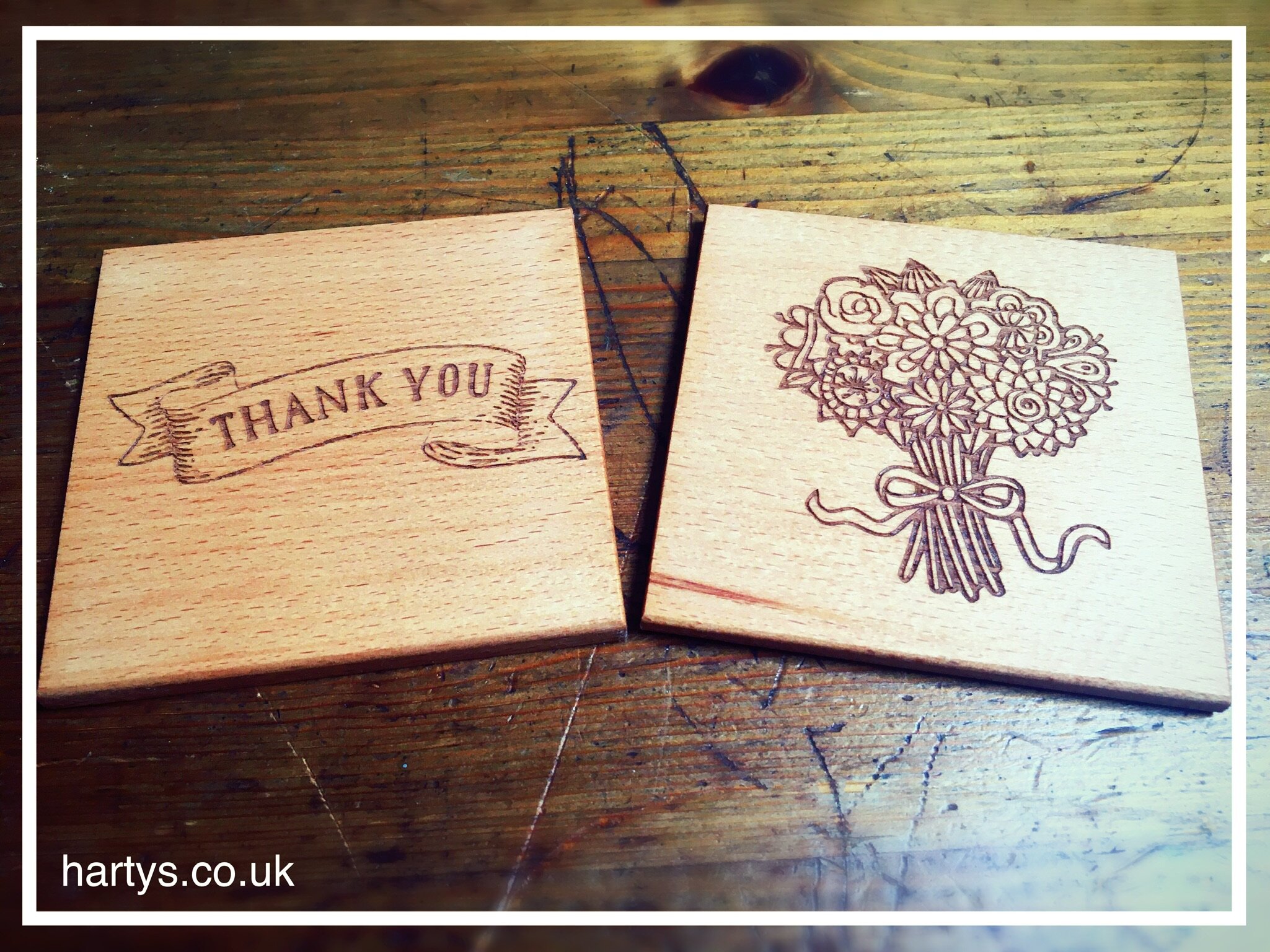 Beautiful solid beech coasters, custom made for our customer to give their customer as a special thank you!