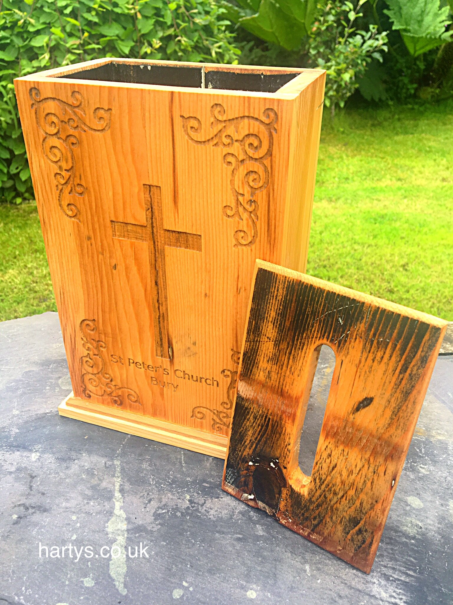 Hanmade from the pews donated to us from St. Peter’s Church, Bury, this fabulous collection box is to be used in every Sunday service. We kept some of the original features of the pews, including the cream gloss paint, which is still under the lid. The congregation absolutely love it!