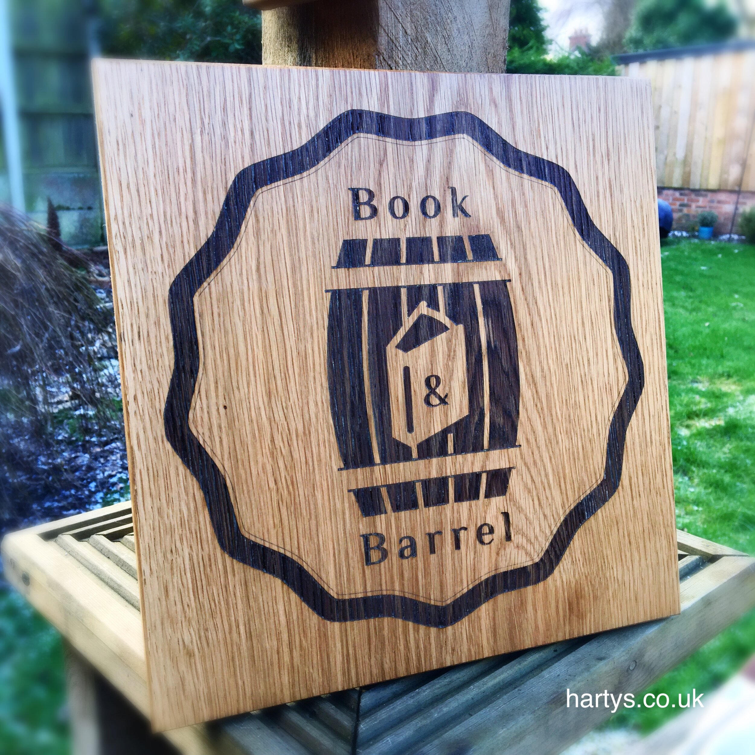 I love the fact that a whole pub - Book &amp; Barrel - is being built in the back garden of our customer’s home! They have planned very meticulous detail, down to the light fittings and oak barrel stave bar! I can’t wait to see this oak sign that we made for them, and the beech coasters in the finished pub! You can follow their progress on  Instagram here!