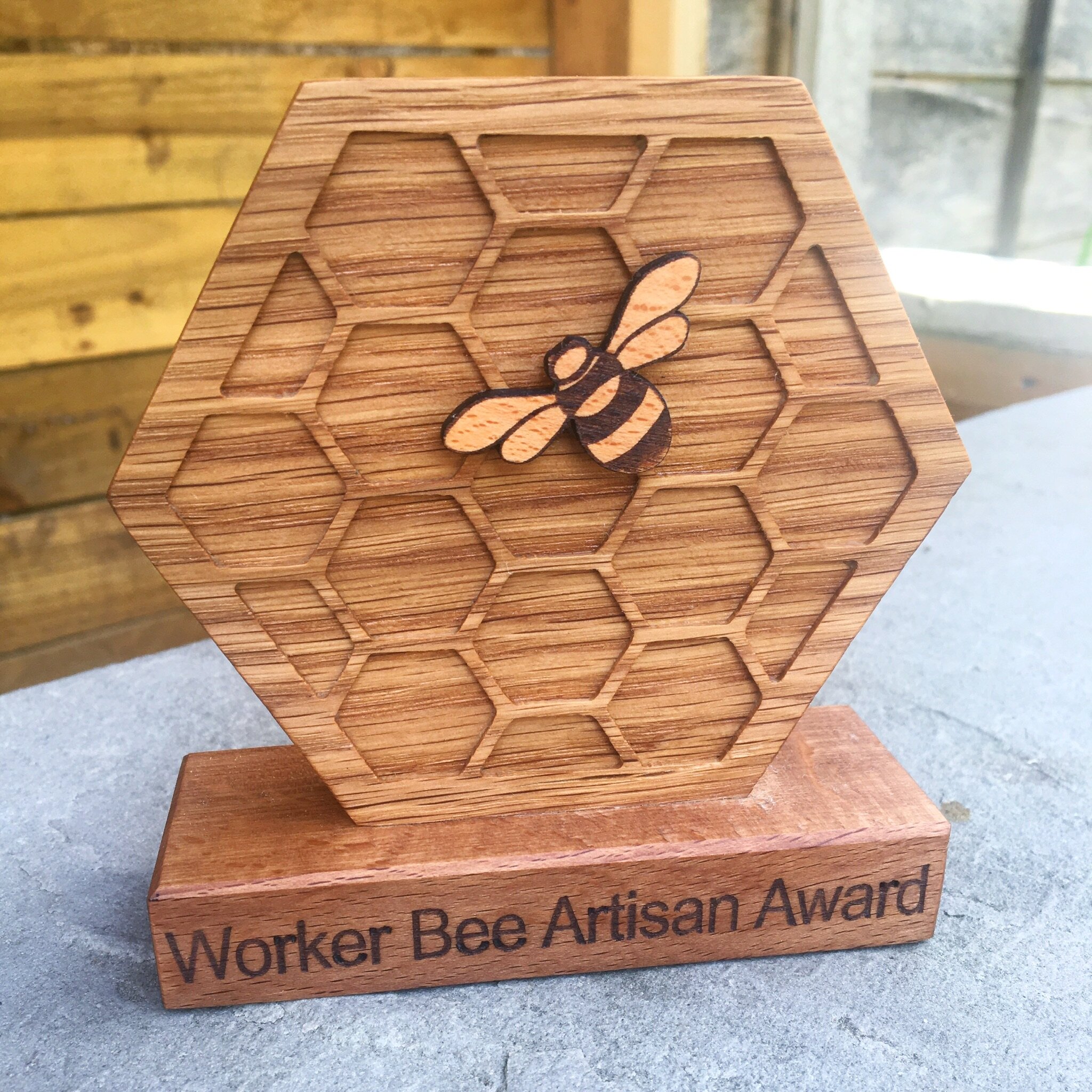 What a fantastic opportunity to design and create this bespoke trophy for the Worker Bee Eco-Friendly Business Award. Made from a beautiful piece of oak, that used to be part f a staircase in a past life, it showcases the aim of this eco-award perfectly!   We love to support Clare and the Worker Bee Markets. They showcase amazing handmade talents within the Manchester area. Find out more about them their next artisan market  here.