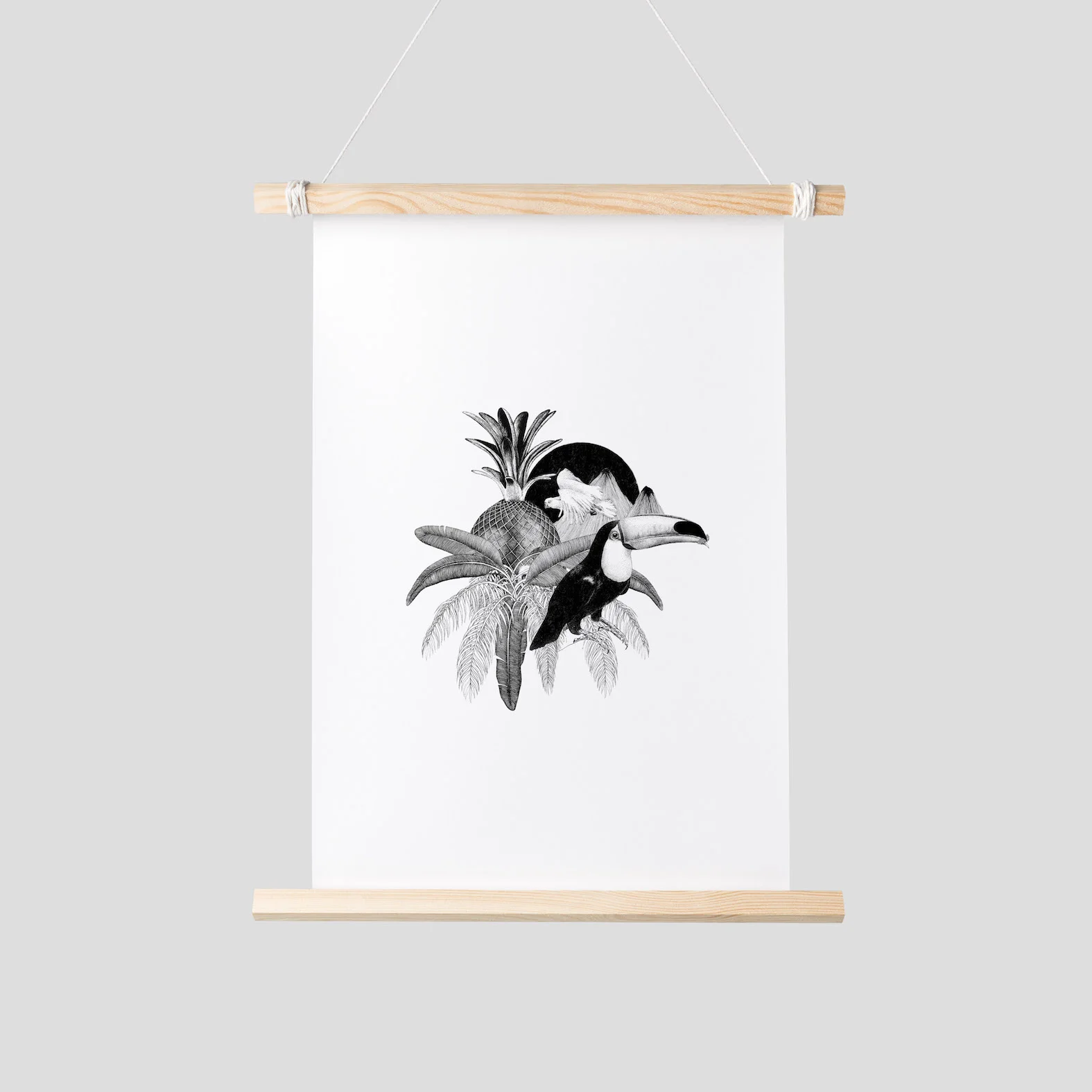 toucan palm leaf and pineapple illustrated art print home decor ideas