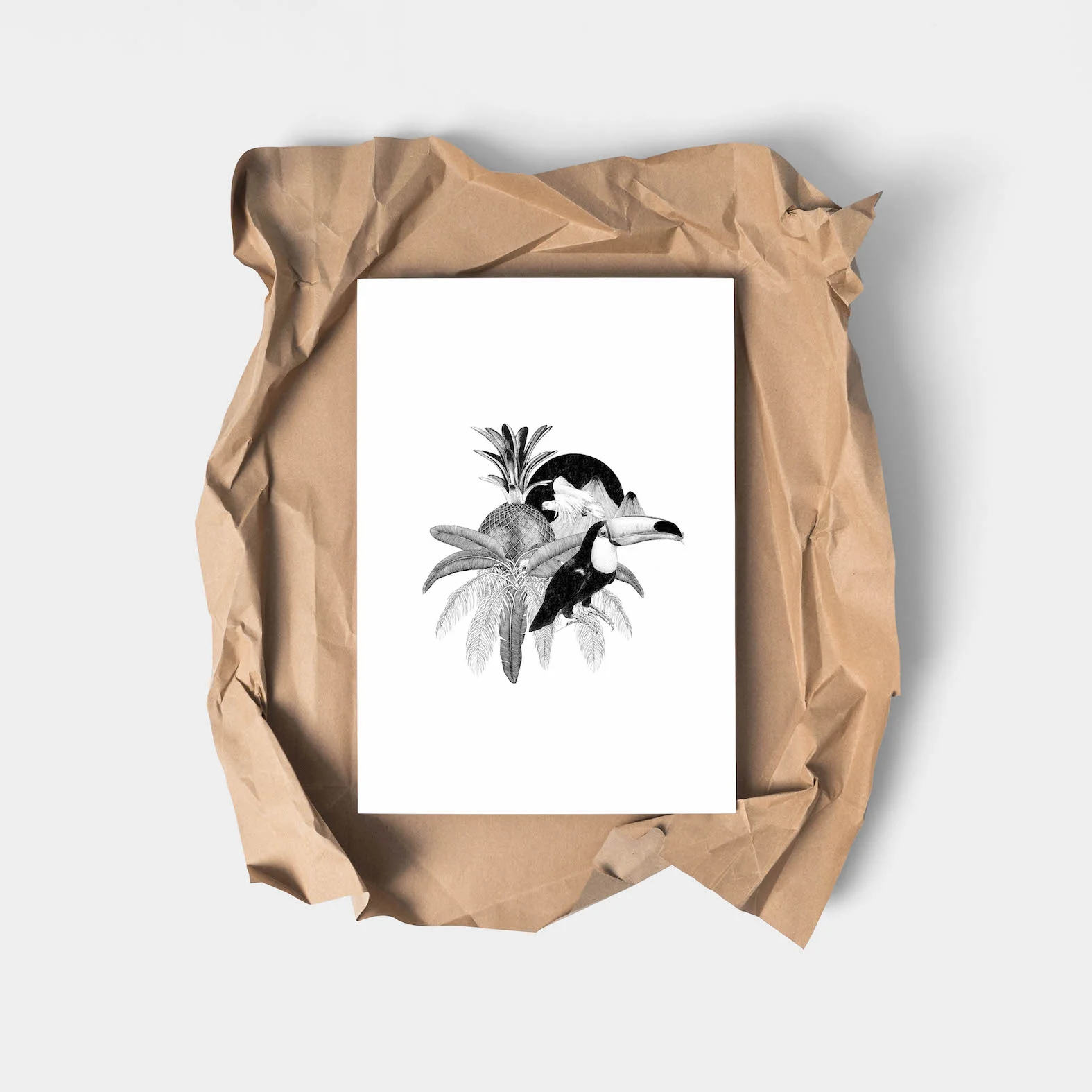 toucan palm leaf and pineapple illustrated art print home decor ideas