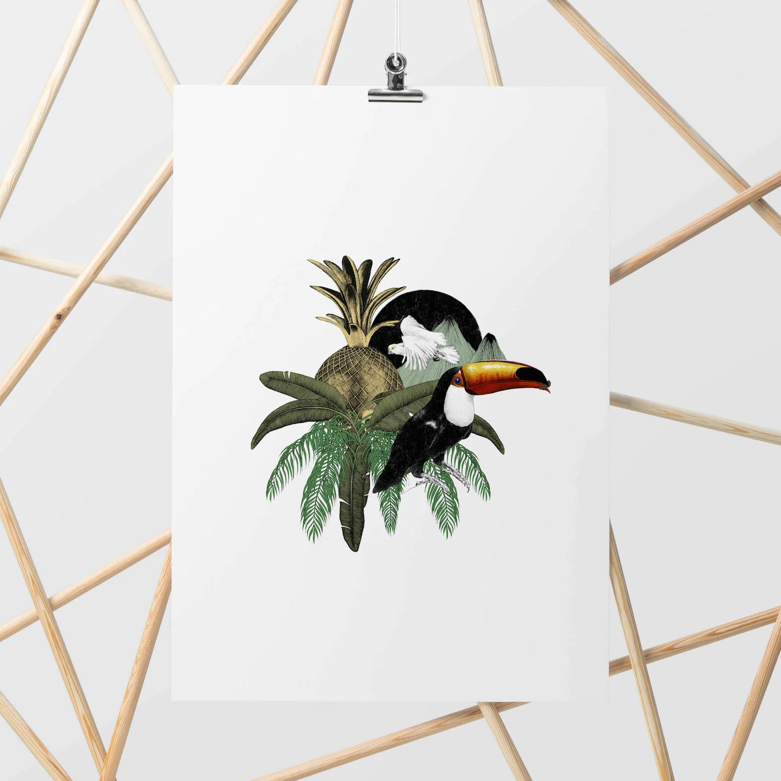 toucan palm leaf and pineapple illustrated art print interior inspiration