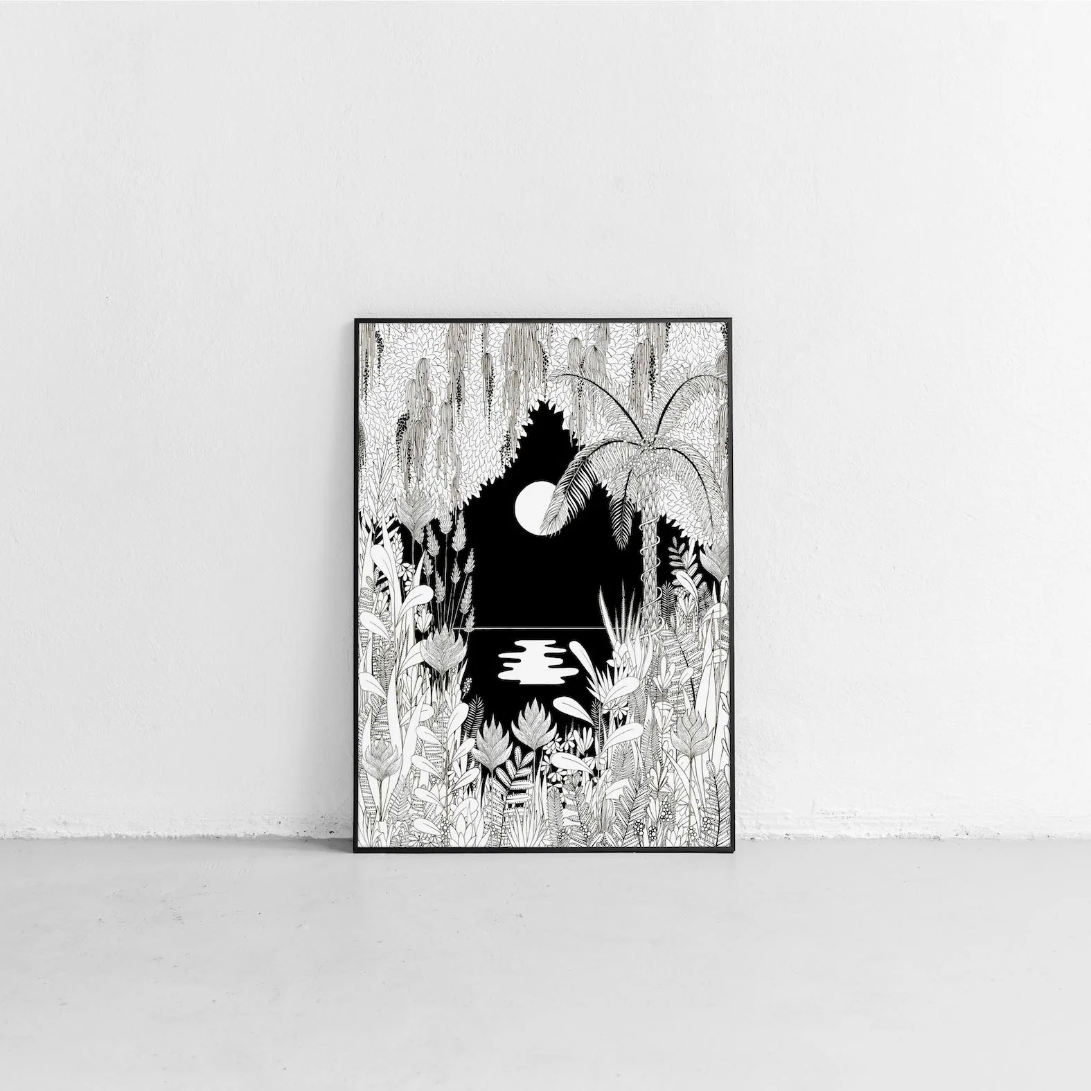 black and white illustrated botanical jungle art print gift for the home