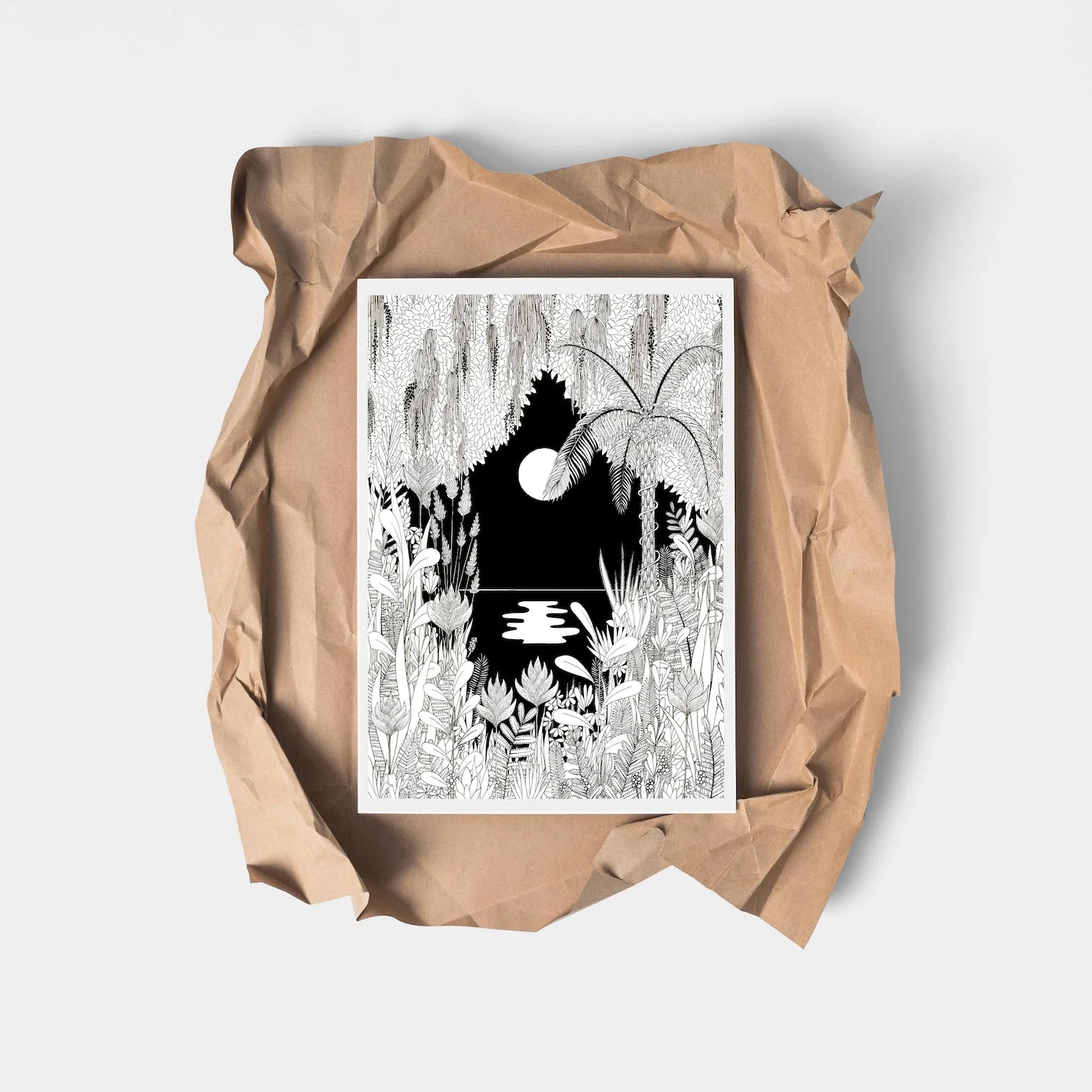 black and white illustrated botanical jungle art print gift for the home