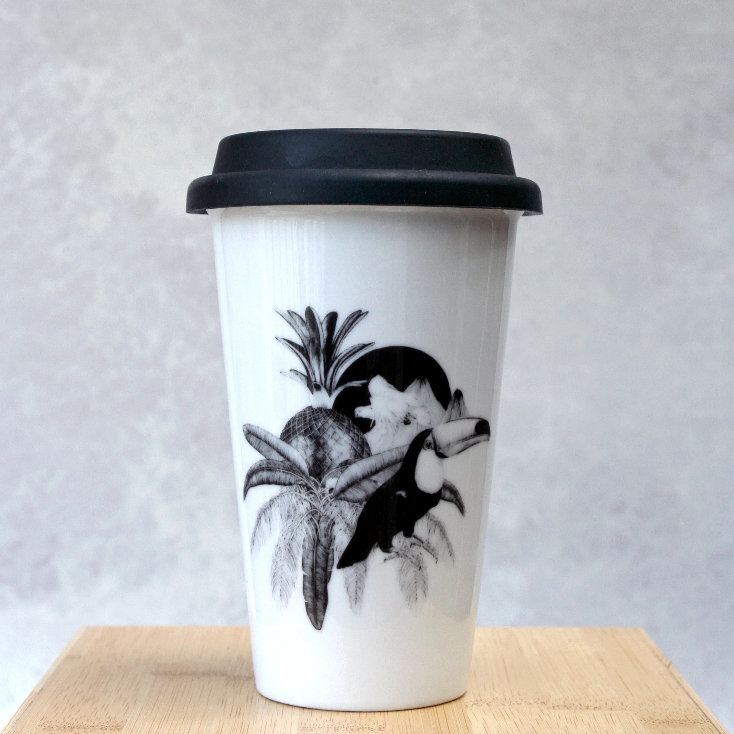 toucan palm leaf pineapple eco ceramic travel mug