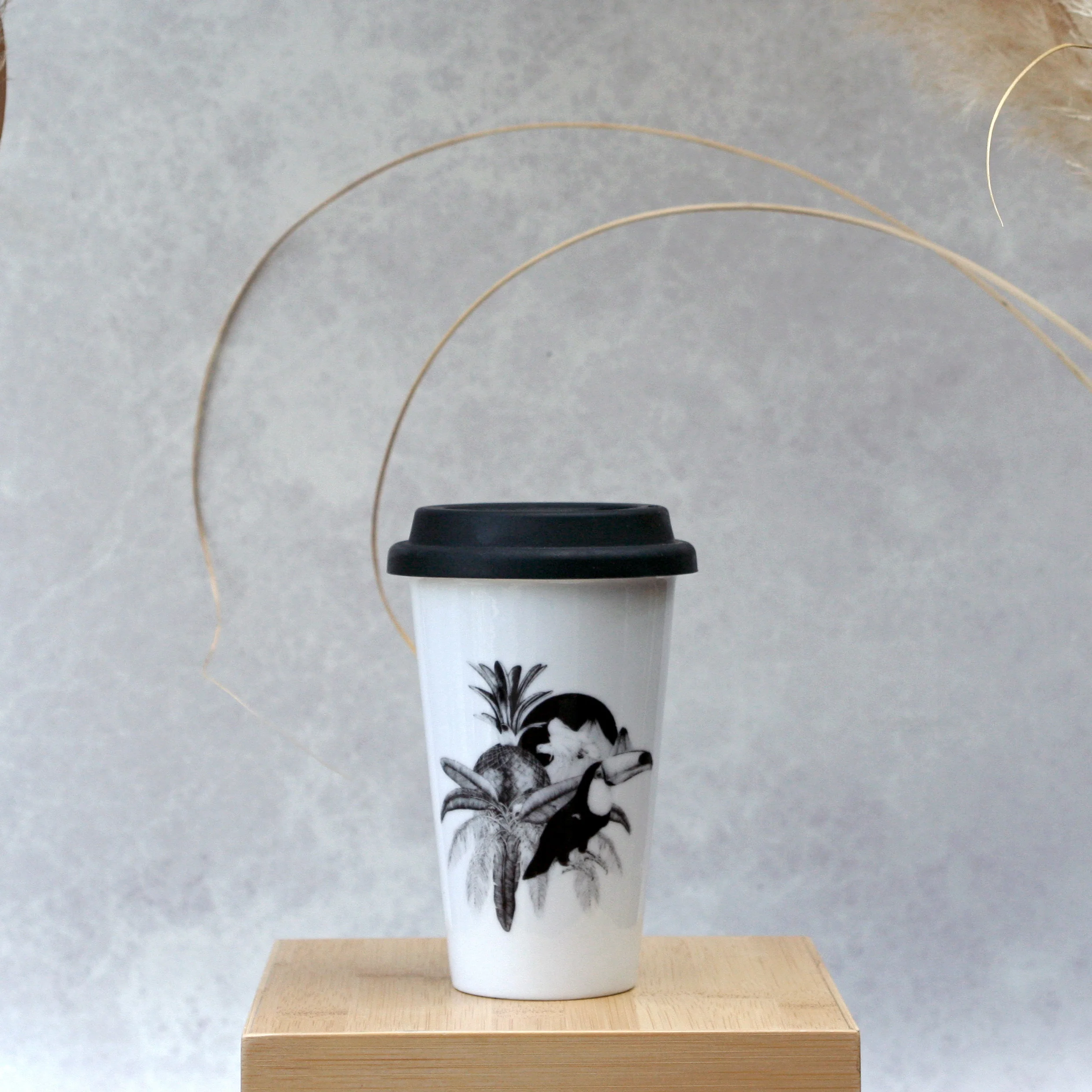 toucan palm leaf pineapple eco ceramic travel mug